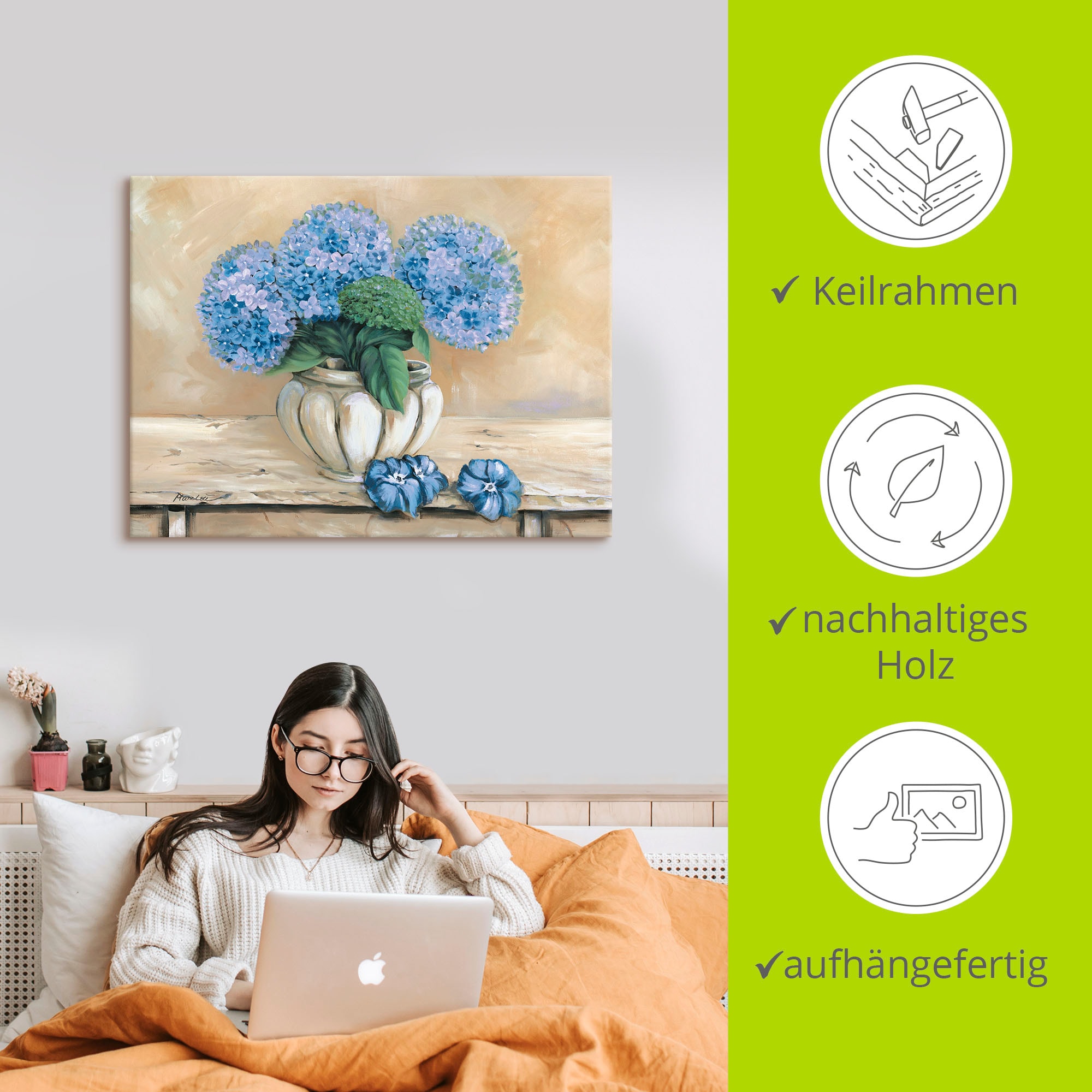 Artland Leinwandbild »Blaue Hortensien« Blumen 1 Stk. tlg. auf Keilrahmen gespannt