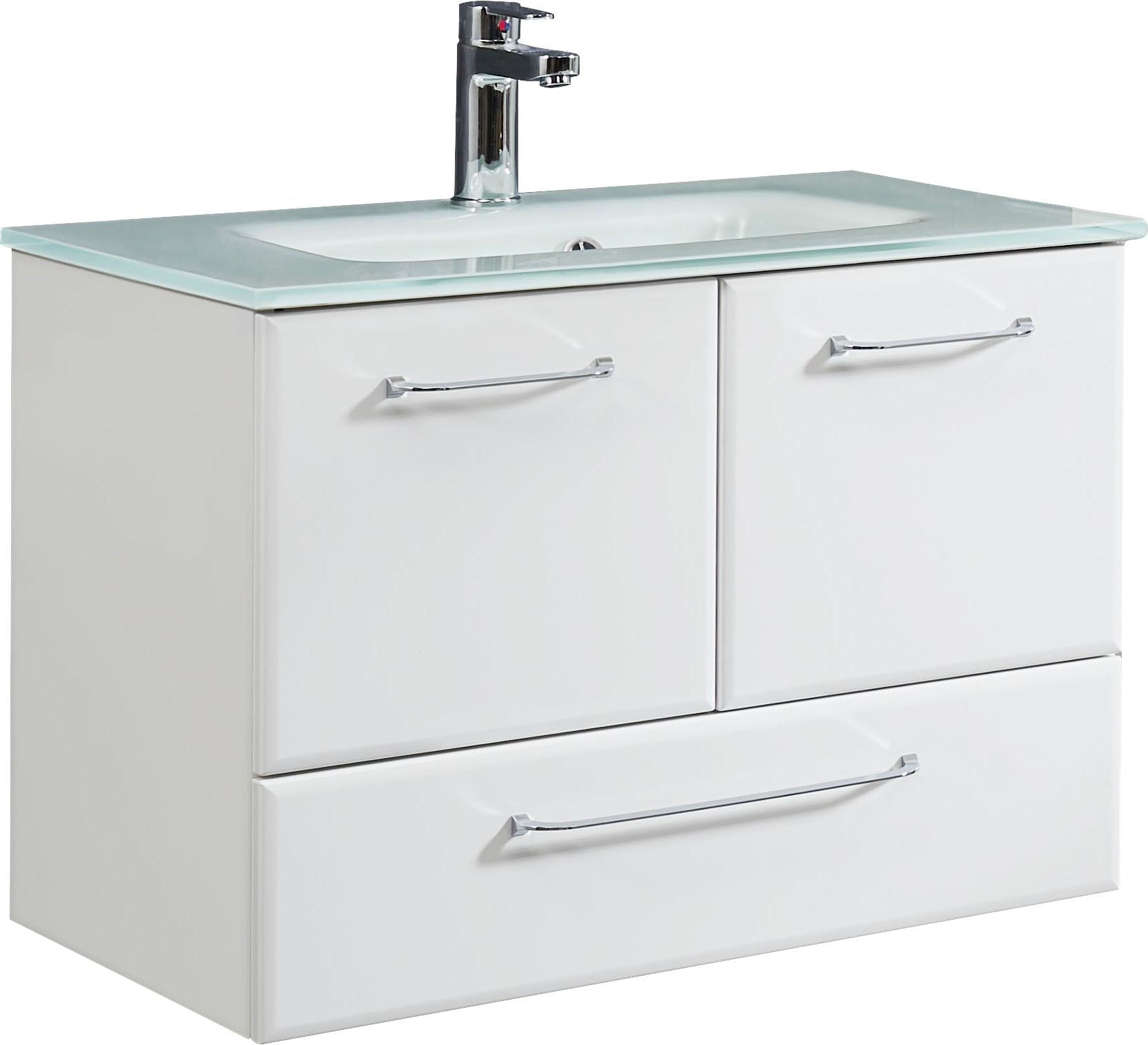 Saphir Waschtisch »Quickset Glaswaschtisch mit Unterschrank, 74 cm breit, Waschplatz« Griffe in Chrom Glanz, inkl. Türdämpfer, 2 Türen, 1 Schublade