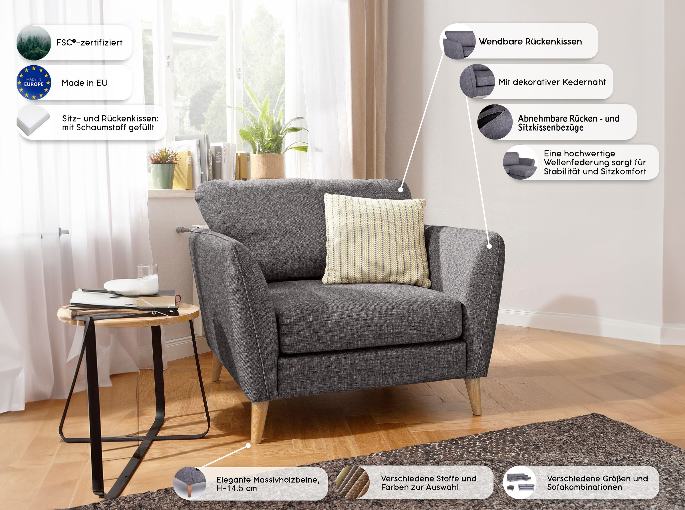 GOODproduct Fauteuil »MARSEILLE« pieds en bois massif chêne, style campagne, suspension ondulée