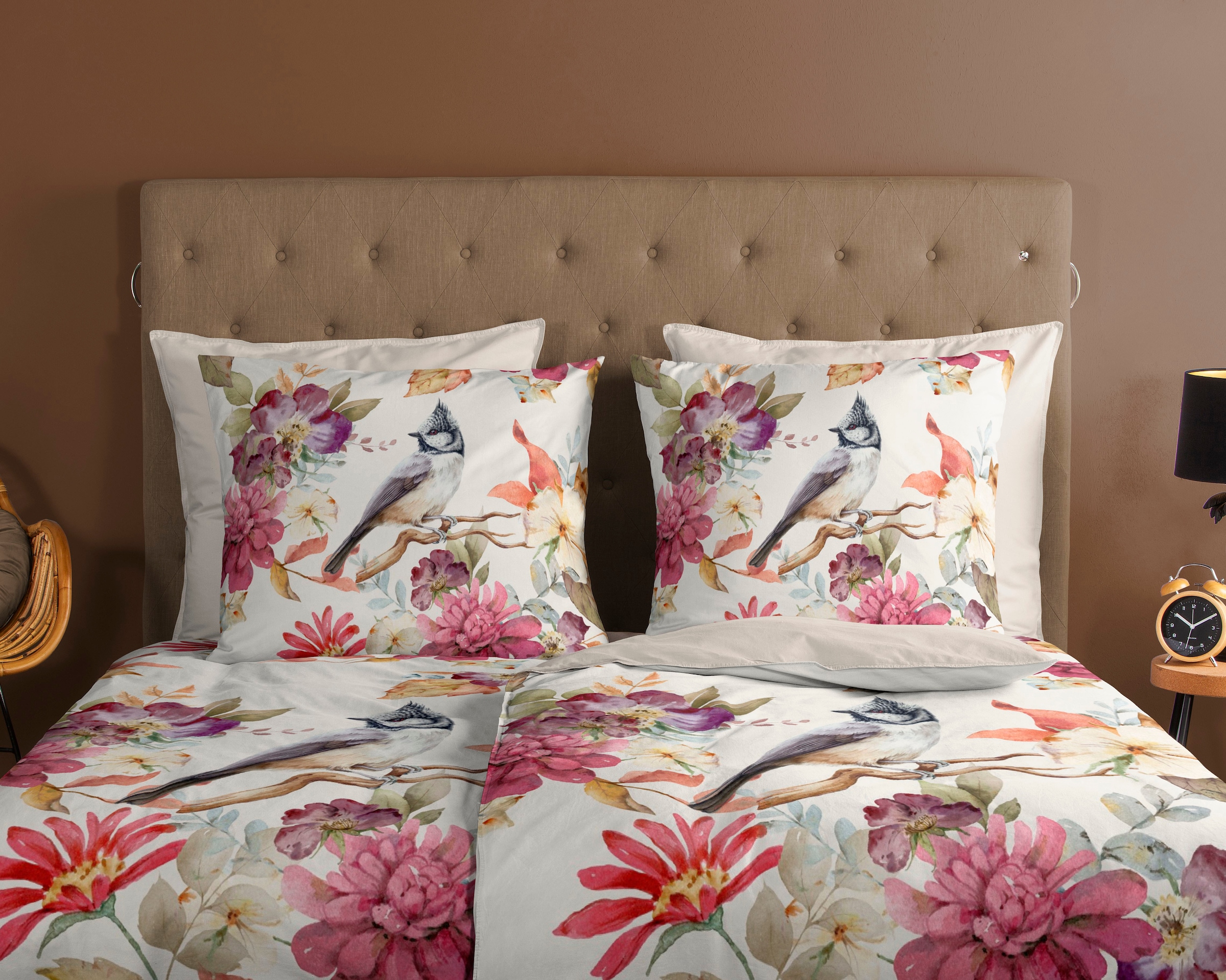 good morning Wendebettwäsche »Inga« 2 Stk. tlg. 100% Baumwolle, 135x200, Reissverschluss, Wendeoptik, Vogel Blume, Sand