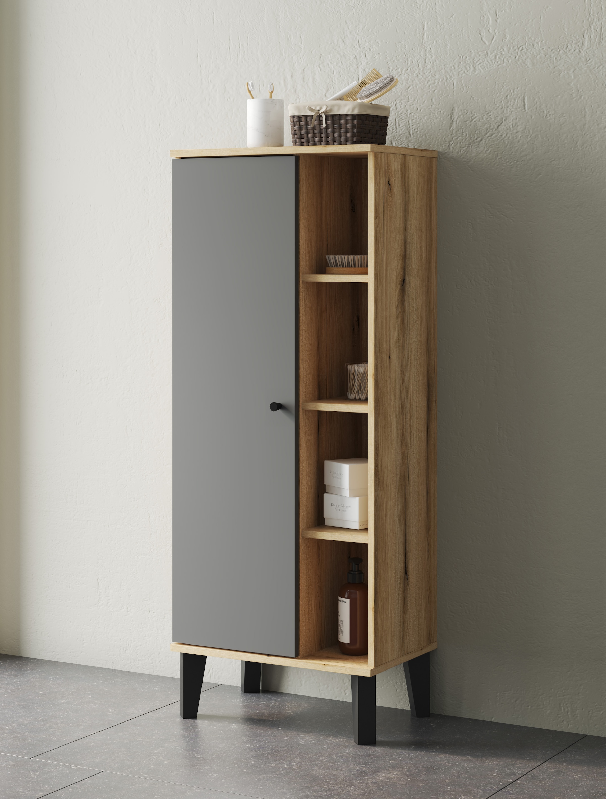 INOSIGN Stauraumschrank »Oslo, Badschrank mit Knopfgriff, Hochschrank im skandinavischen Design« in der Türfarbe Weiss oder Grau verfügbar, ausreichend Stauraum