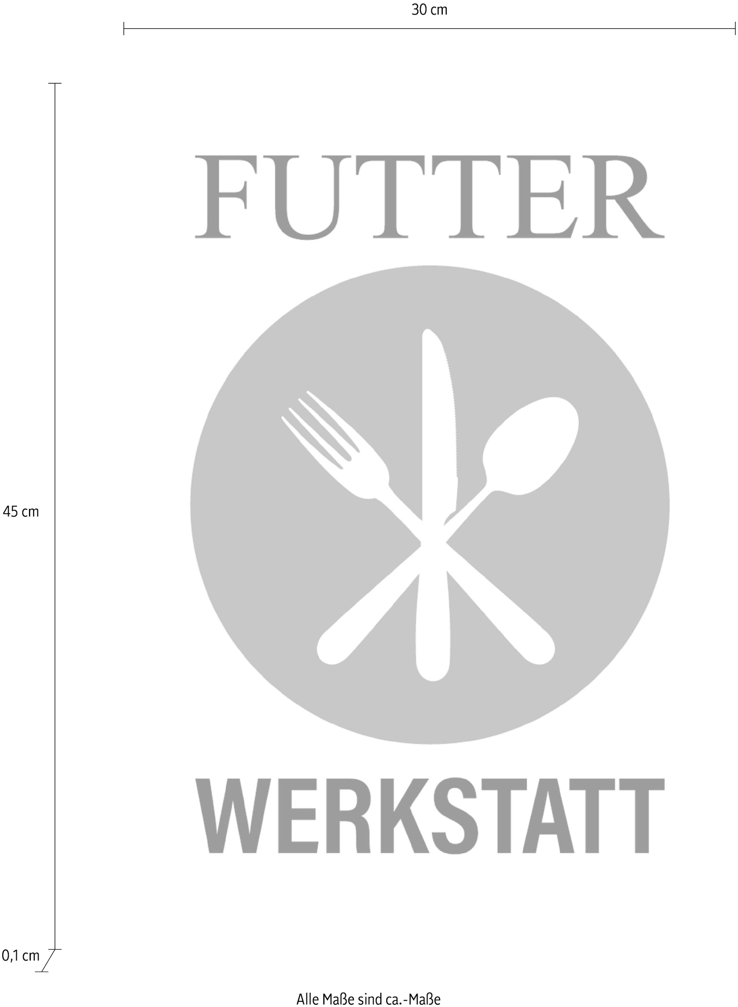queence Objet de décoration murale »FUTTER WERKSTATT« Stahlschild, Blechschild, Spruch, Witzig, Wanddeko, retro, 20x30cm