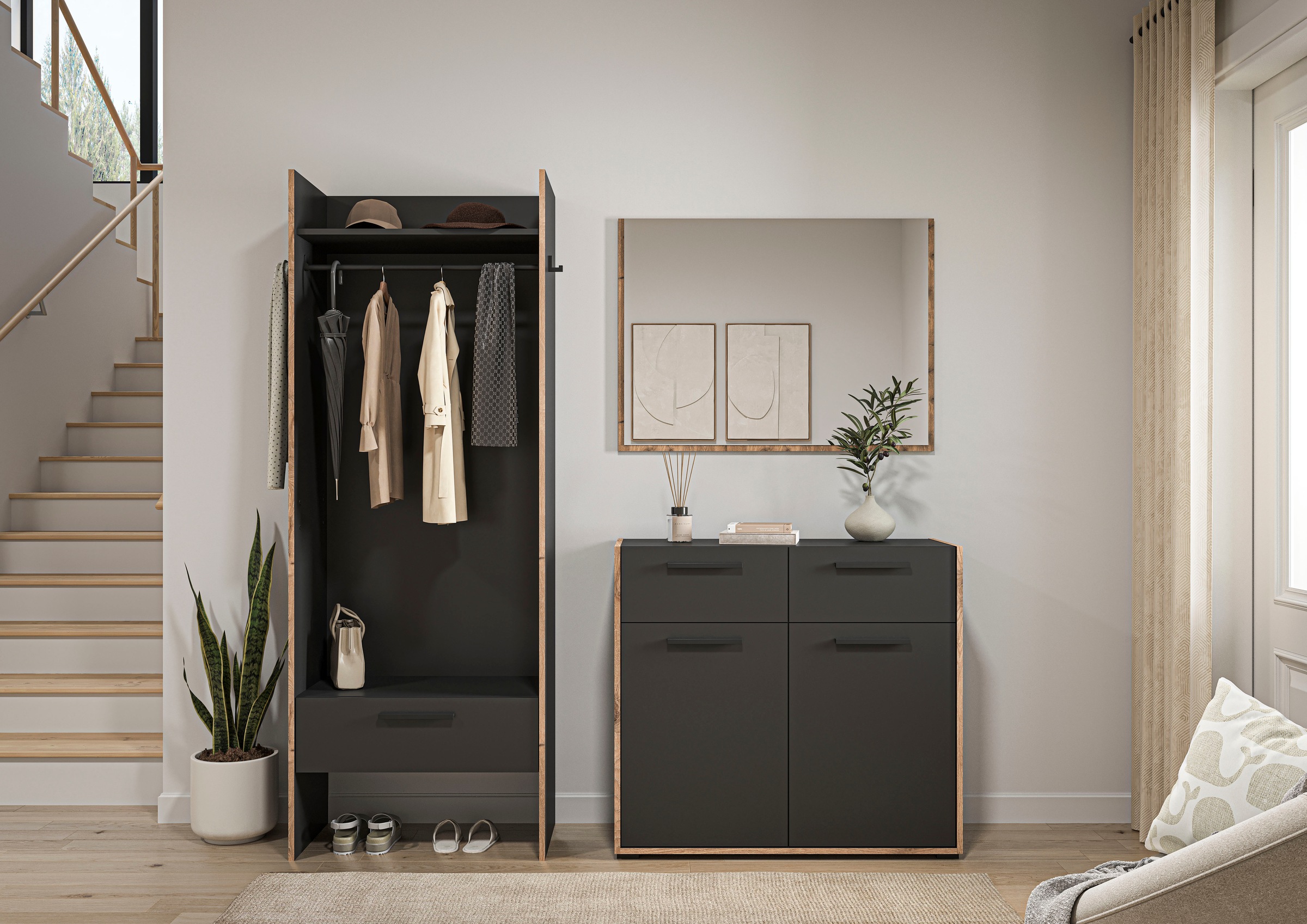 Home affaire Garderoben-Set »MUSTA, 3-teilig: Garderobenschrank, Kommode & Garderobenspiegel«