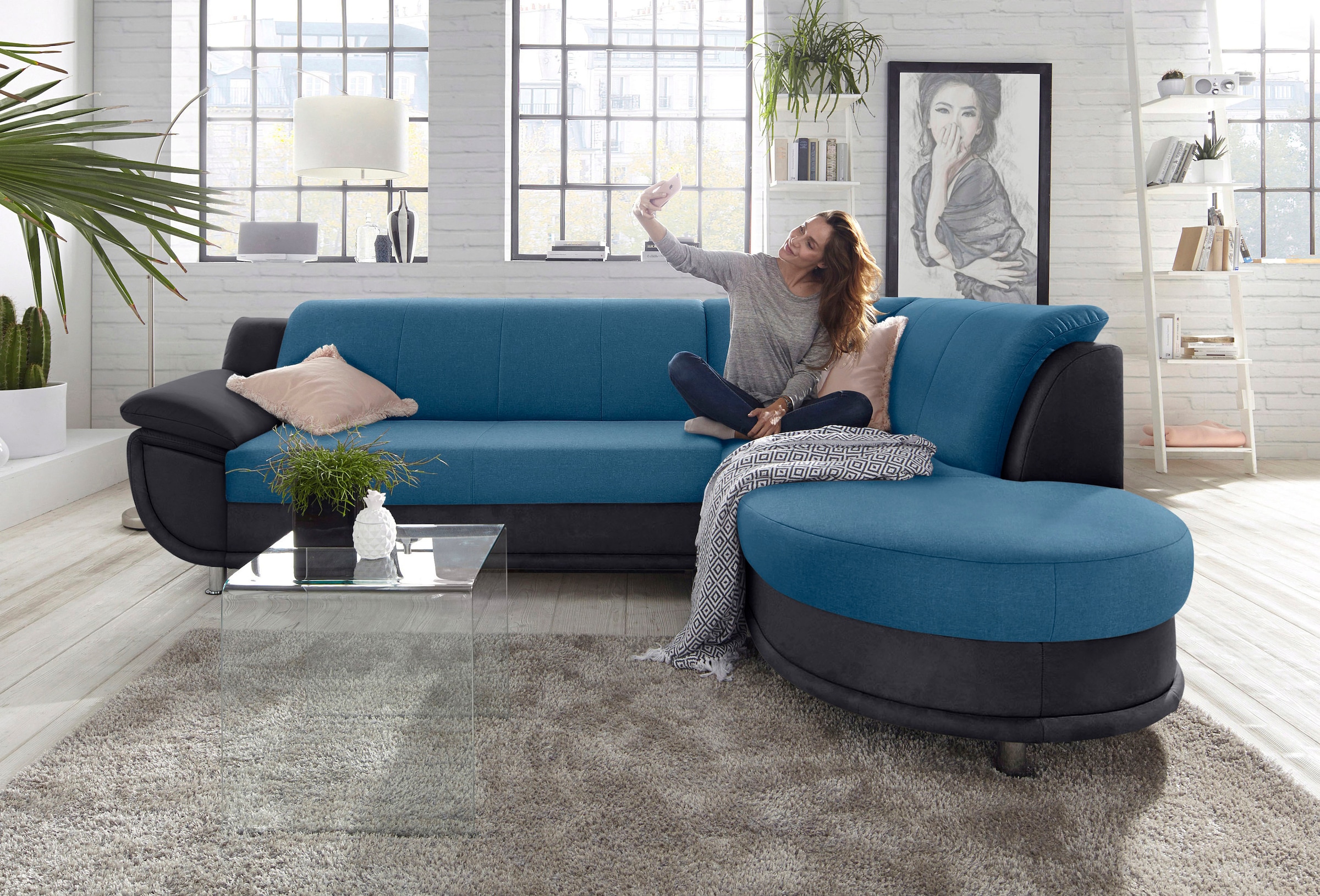 TRENDMANUFAKTUR Canapé d'angle »Rondo 3, zeitlos & bequem, Materialmix, L-Form, Breite 265cm« au choix avec ressorts pour plus de confort, au choix avec fonction lit