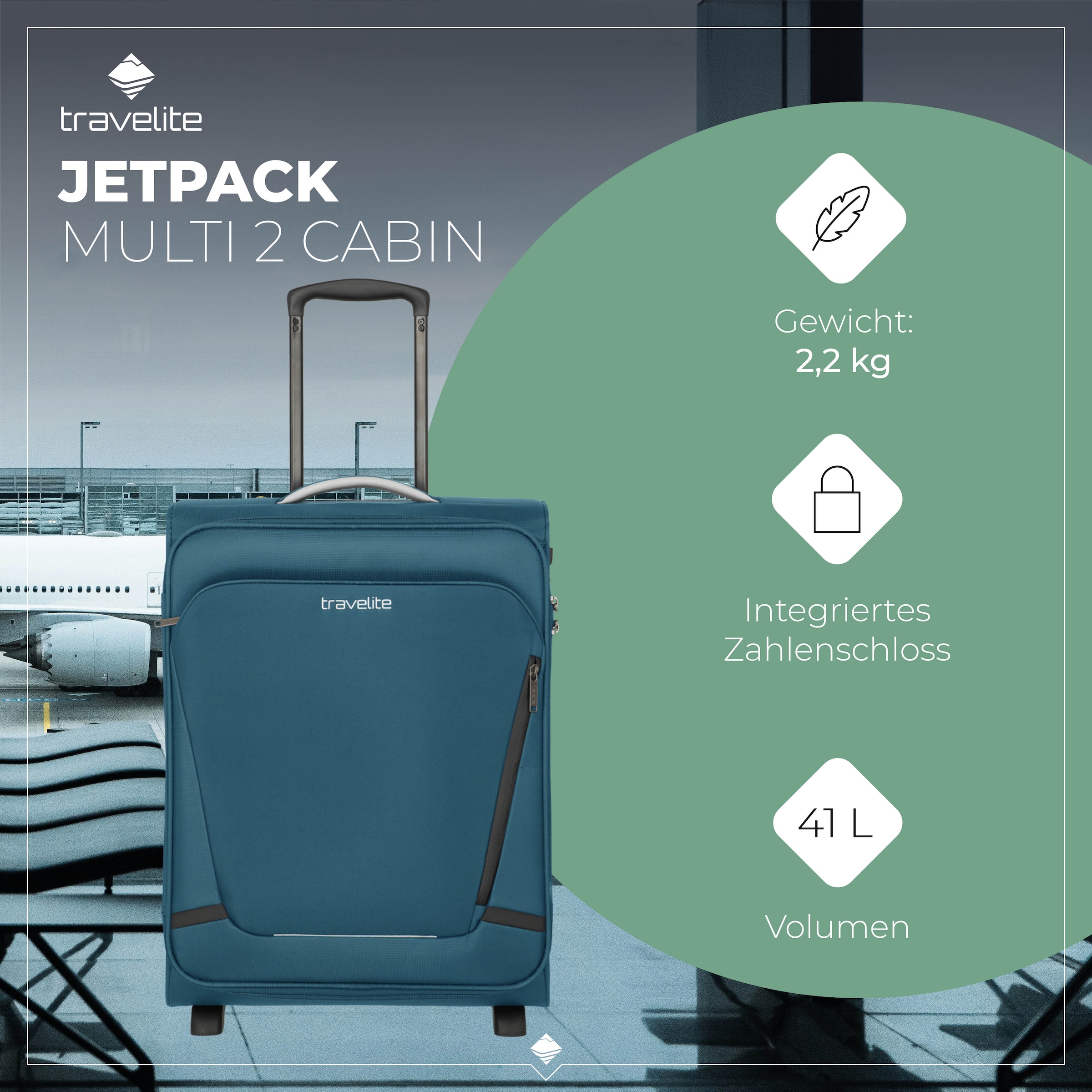 travelite Handgepäck-Trolley »JETPACK Multi 2 Cabin Handgepäck Koffer« 41 l 2 Rollen Weichgepäck, passend für Ryanair, Condor und viele gängige Airlines