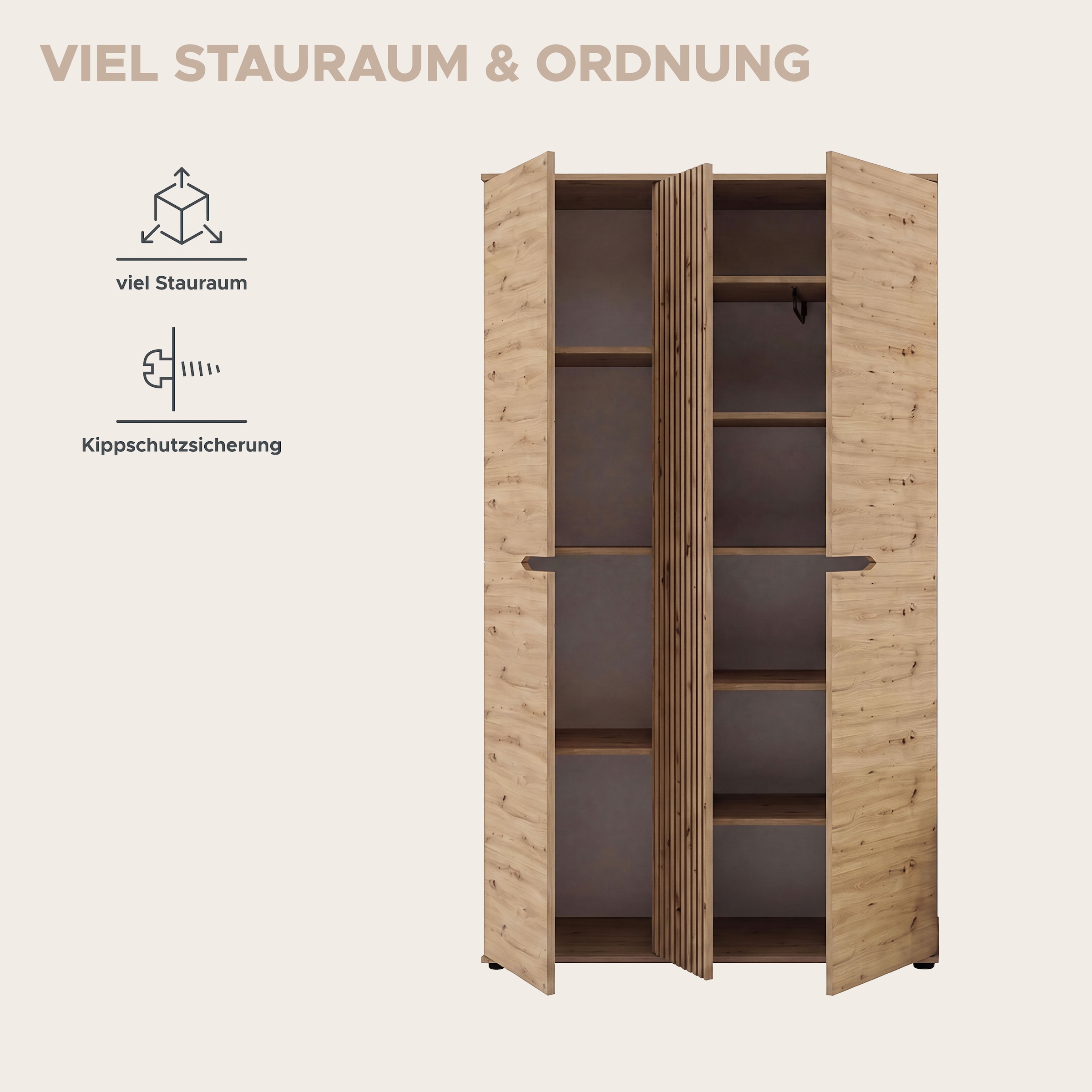 GOODproduct Garderobenschrank »FJELL, Breite 104cm, 3 Türen, 8 Böden, 10 Fächer, 1 Kleiderstange« Kleiderschrank, Schrank, Dielenschrank, Flurschrank, Mehrzweckschrank