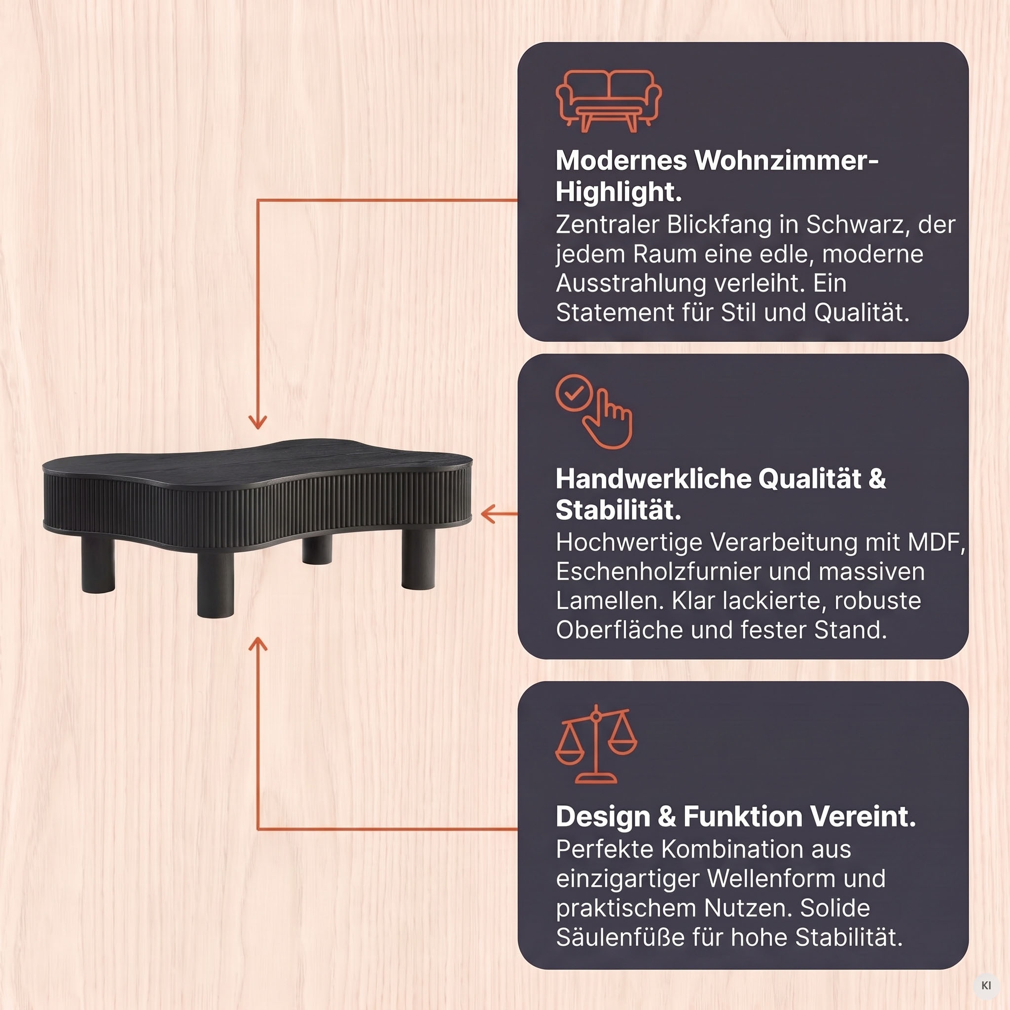 SalesFever Couchtisch »Wohnzimmertisch organisch mit Massivholz-Lamellen 115 x 75 cm« 1 Stk. tlg. Stilvoller & moderner Holztisch mit Echtholzfurnier