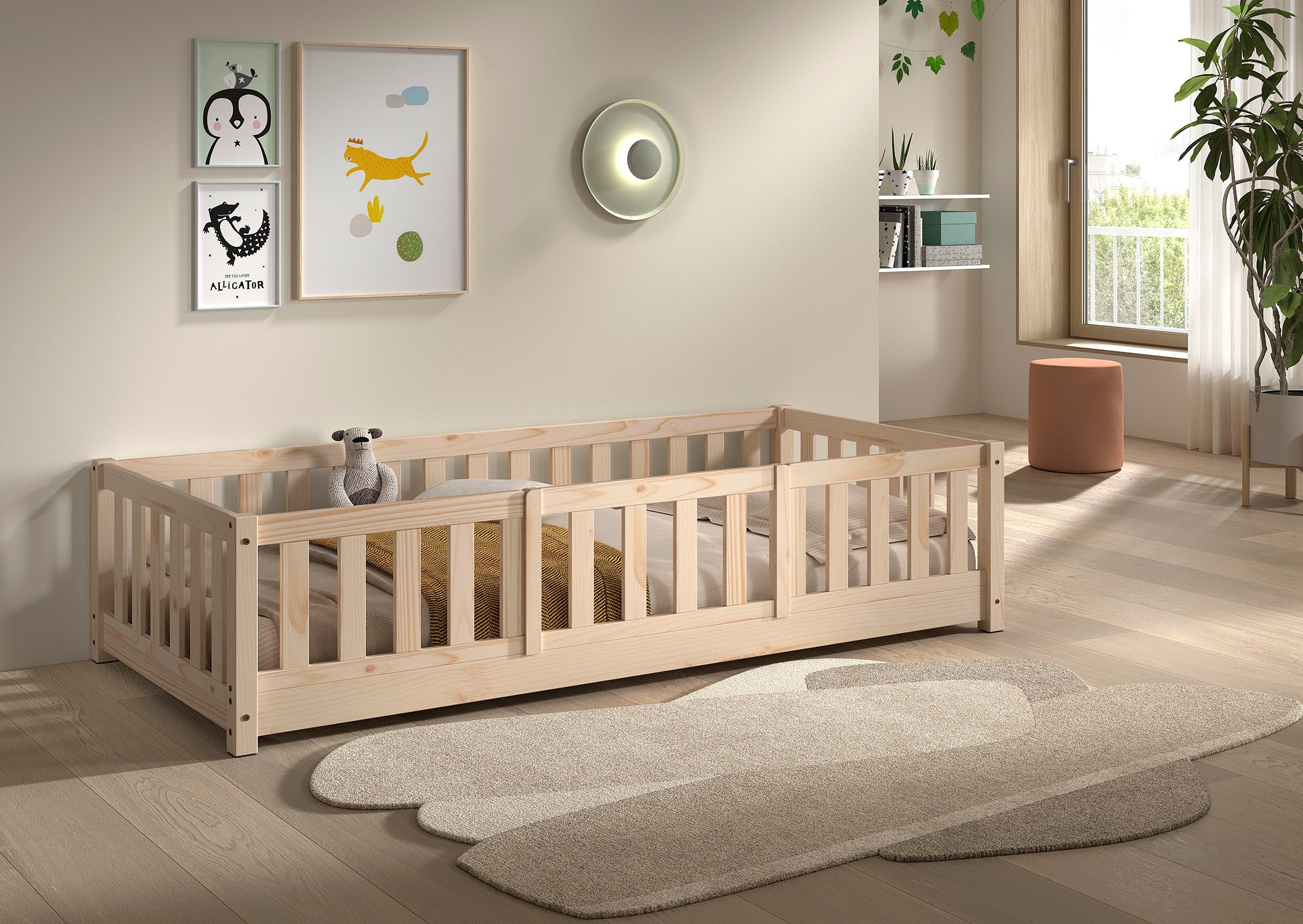 Vipack Lit d'enfant »Dallas, massiv Bett, Rausfallschutz, umbaubar vom Boden- zum Daybett« Incl. sommier à lattes roulantes et cadre à barreaux, largeur 90 ou 140x200 cm,  construction stable et solide, en pin massif naturel ou blanc au choix
