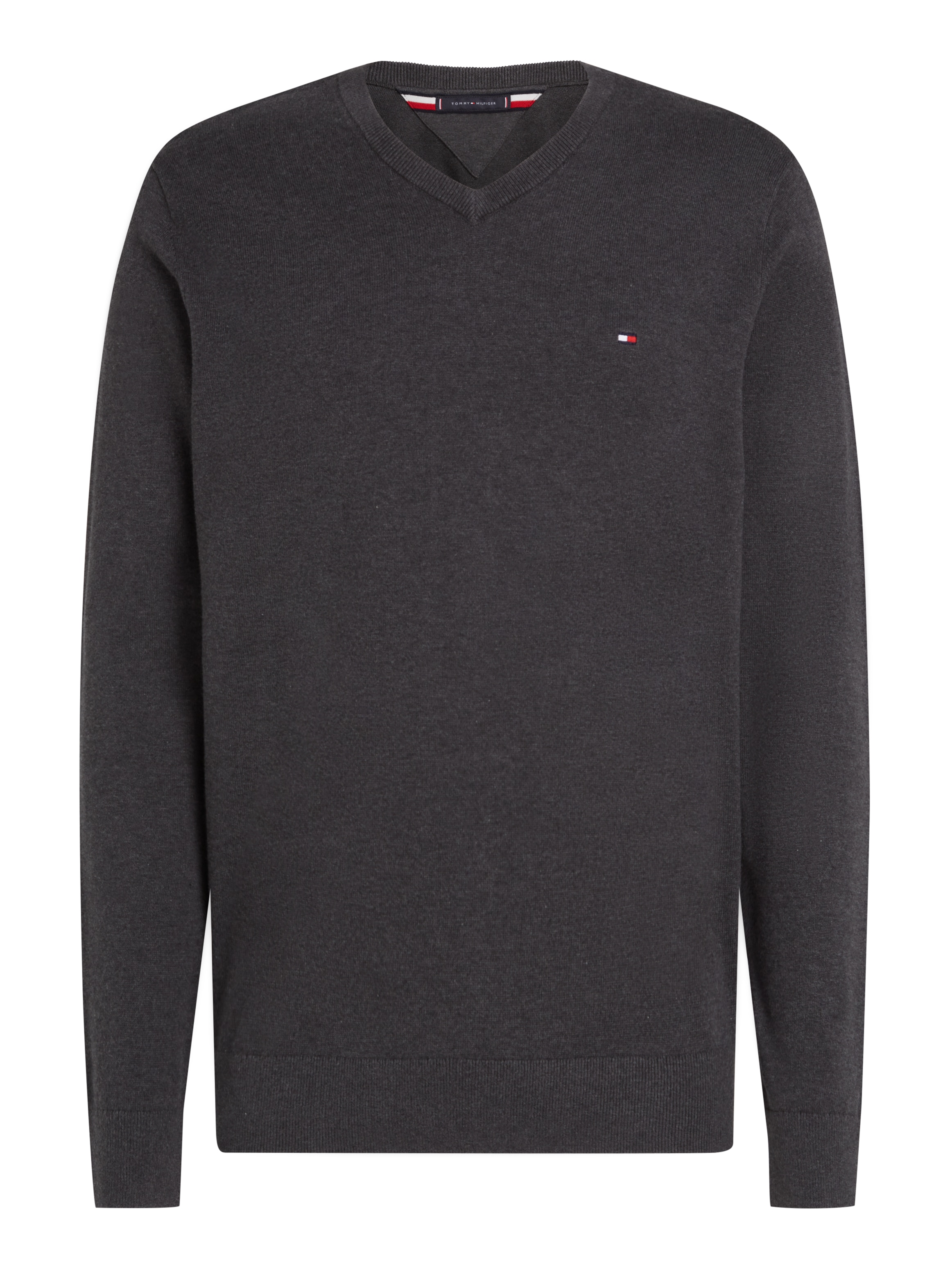 Tommy Hilfiger Strickpullover »ESSENTIAL COTTON V NECK mit V-Ausschnitt und Stickerei« unifarben, casual, regular fit, Baumwolle, V-Ausschnitt
