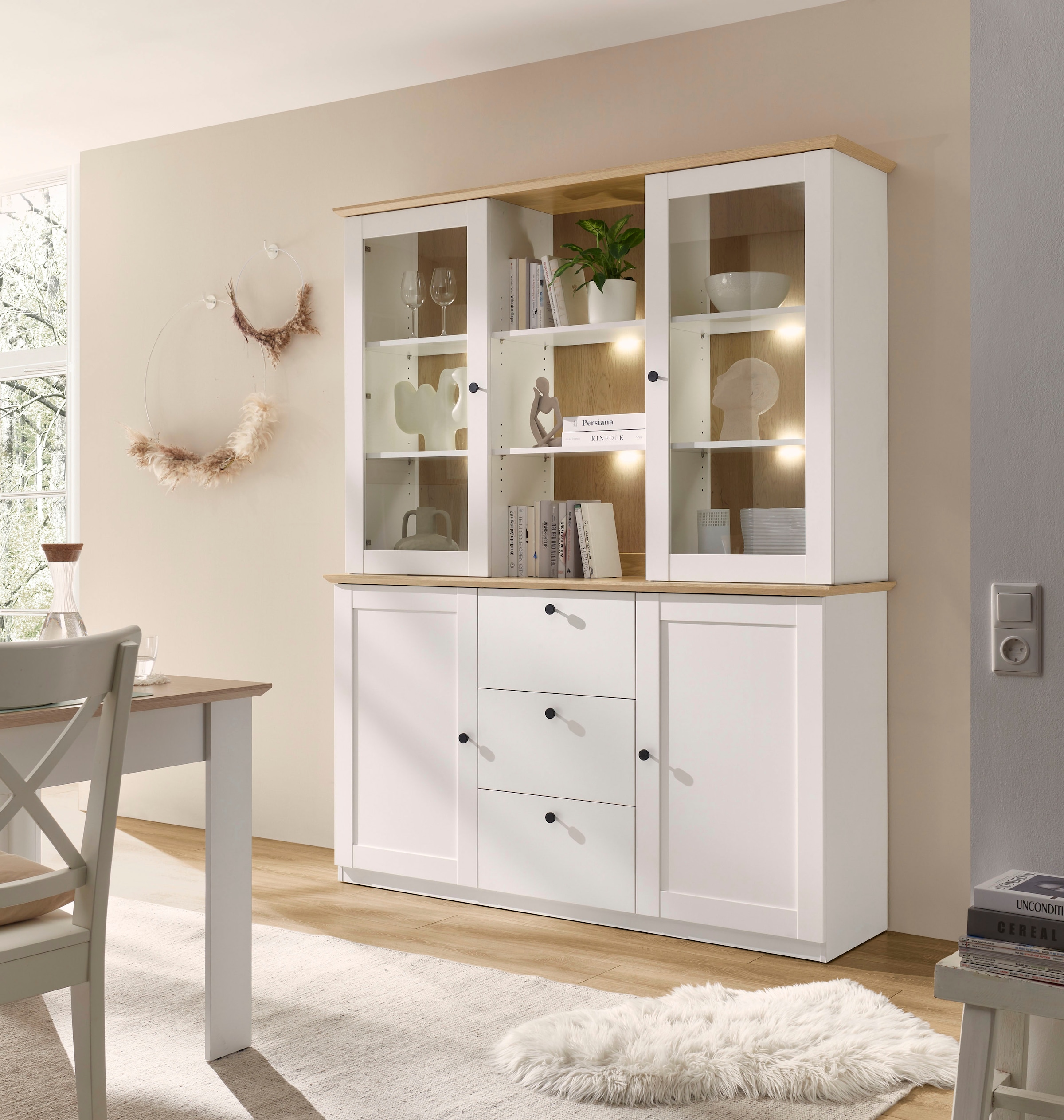 GOODproduct Buffet »Brest, Hochschrank im Landhausstil, Schrank, Küchenschrank« schwarze Metallgriffe, viel Stauraum, Glastüren, 164 cm breit