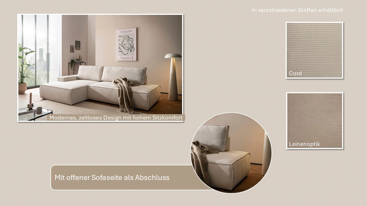 Home affaire Ecksofa »SHERWOOD,  Schlafsofa in L-Form offen (275cm), Cord, Leinenoptik« Schlaffunktion und Bettkasten, Kedernaht, hoher Sitz- & Liegekomfort,