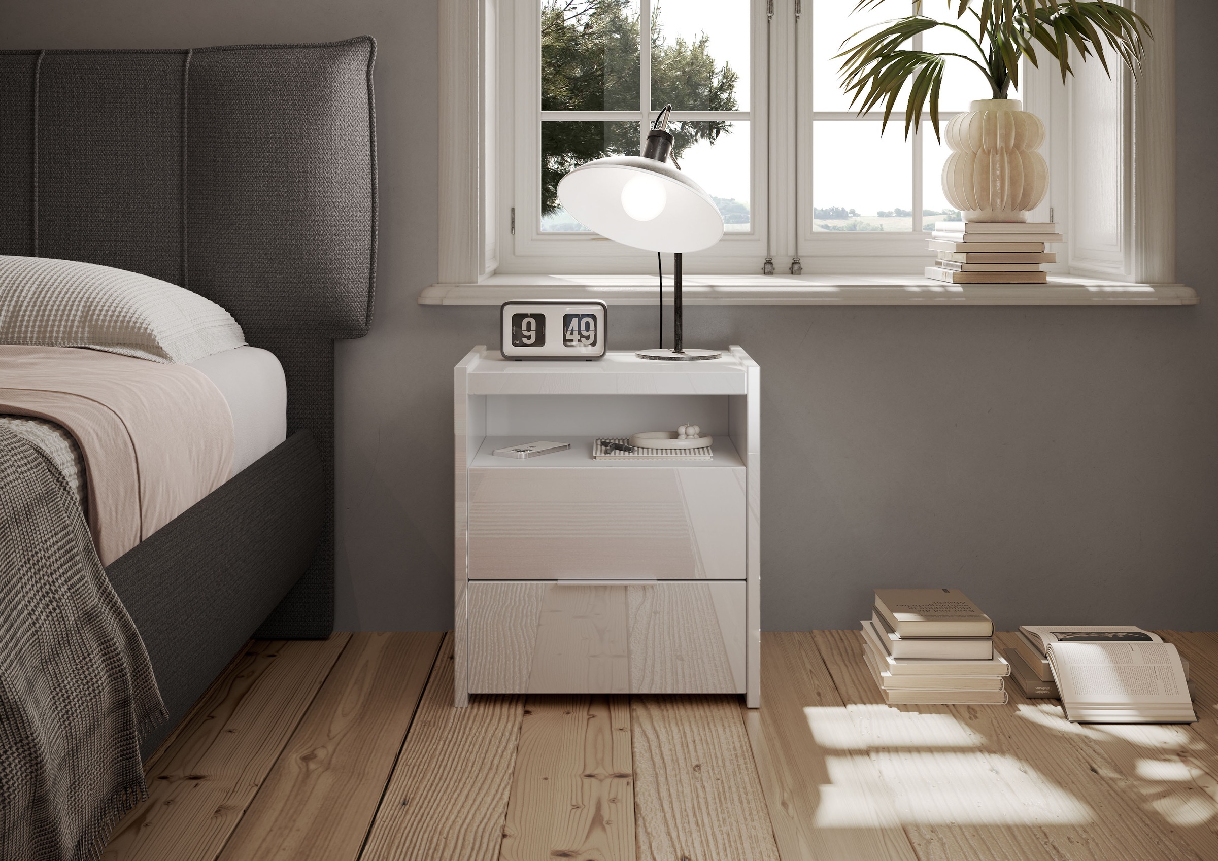 INOSIGN Table de nuit »Malmo, Nachtschrank 2er Set, B/T/H 52/40/58 cm, mit 2 Schubkästen,« Set, 2 Nachtkommoden,  offene Ablage, Top 22 mm stark, Metallgriff, Weiss Hochglanz Lack