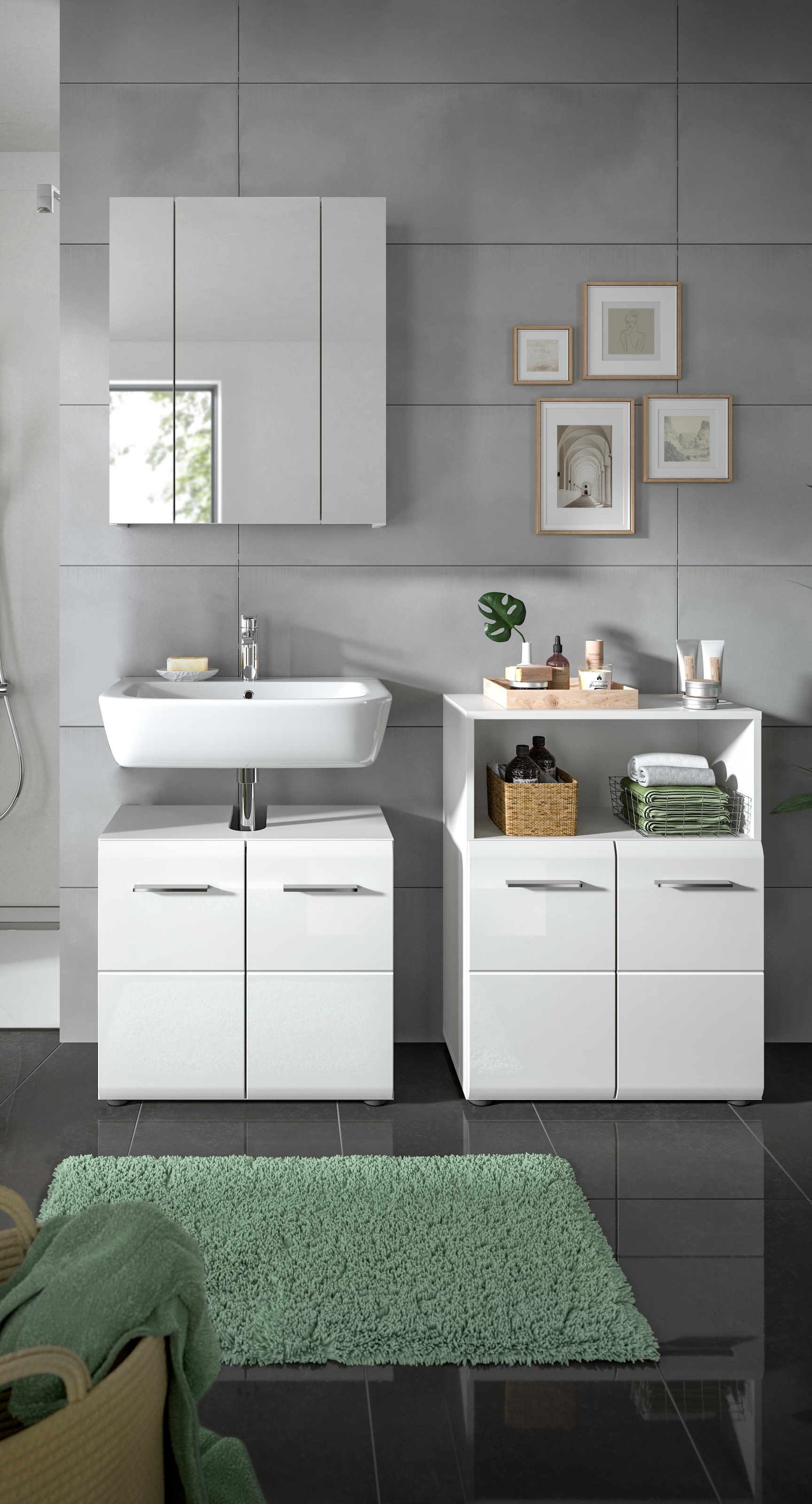 INOSIGN Ensemble de meubles de salle de bain »FLORENZ, TOPSELLER!, 3-teilige Badkombination, hochwertige MDF-Front« Set, best. aus: Waschbeckenunterschrank, Spiegelschrank, Midischrank breit, 