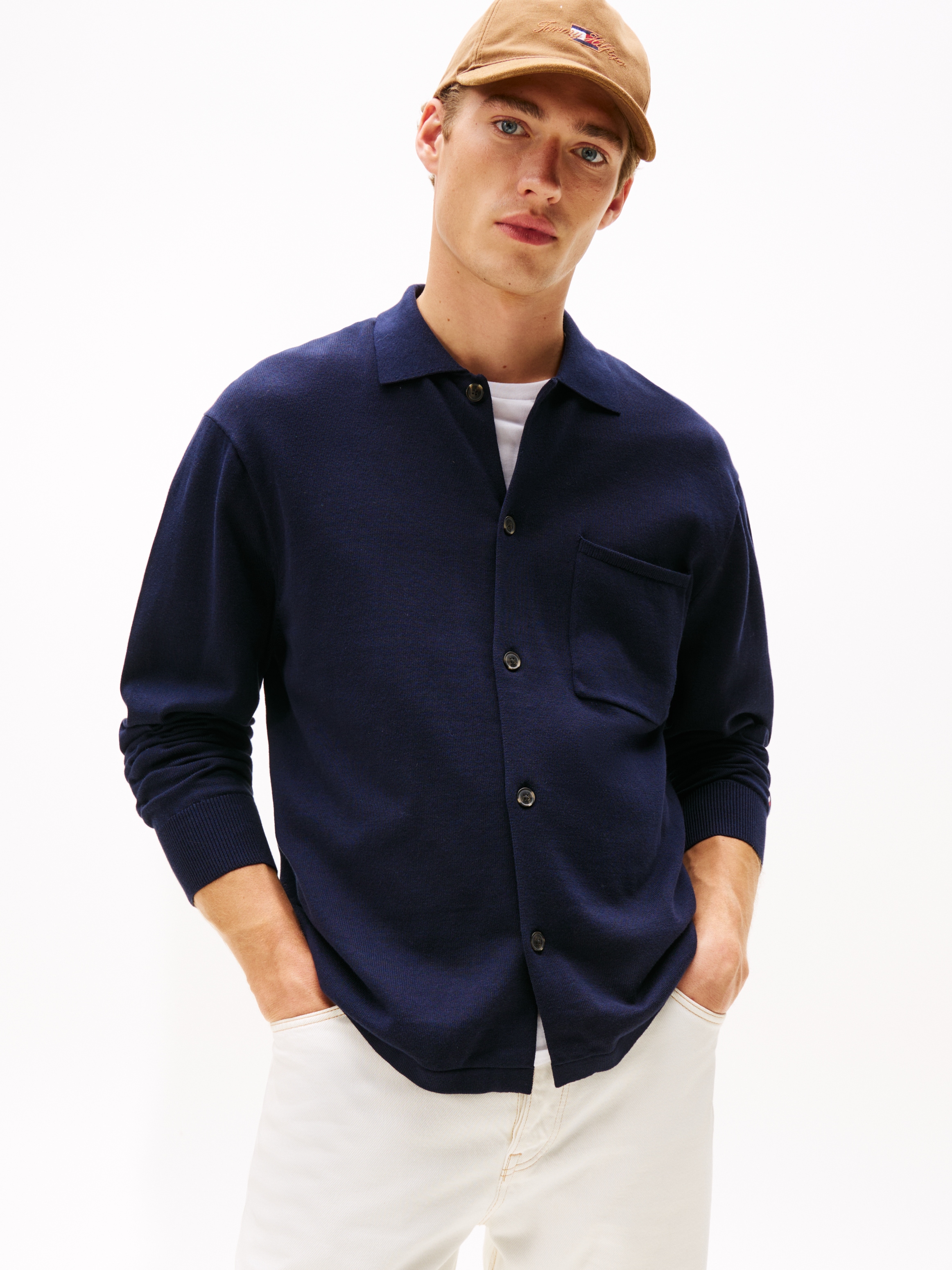 Tommy Hilfiger Strickjacke »ESSENTIAL COTTON« Relaxed Fit Strick-Overshirt mit Flag-Stickerei