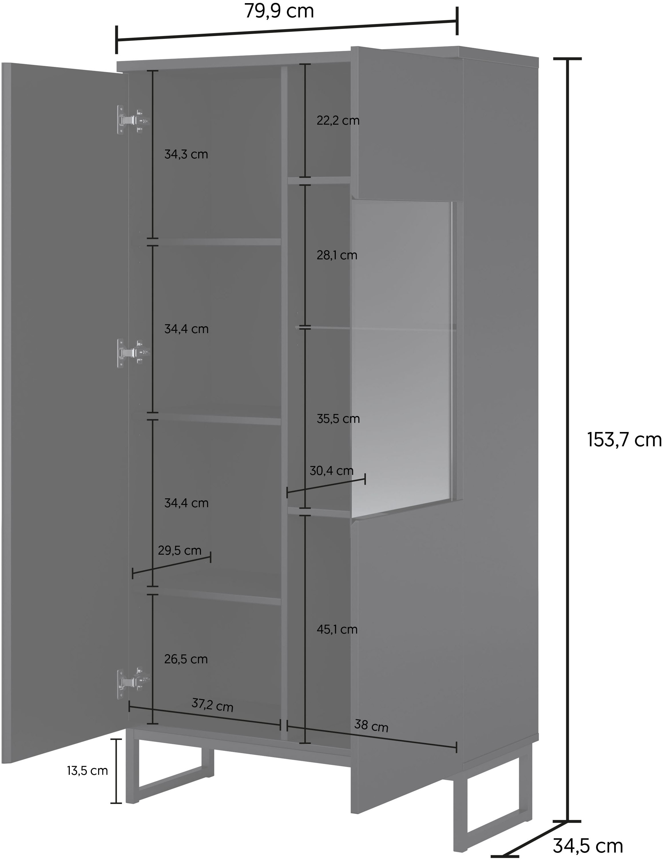 GOODproduct Vitrines »Modo II, Breite 80 cm, moderner griffloser Vitrineschrank« vitrine avec beaucoup d’espace de rangement, étagères réglables, porte en verre, patins en métal