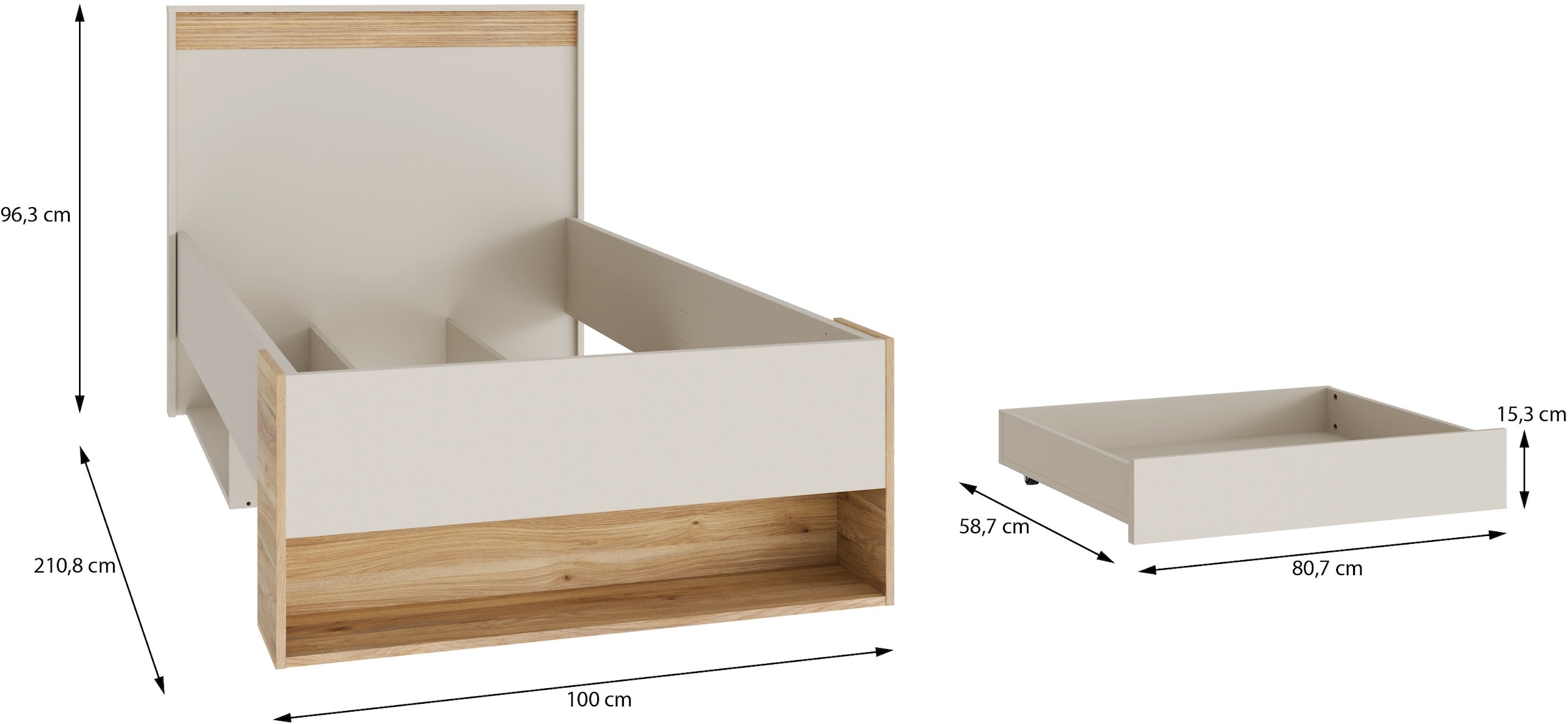 FORTE Lit de rangement avec tiroir, disponible en 2 tailles