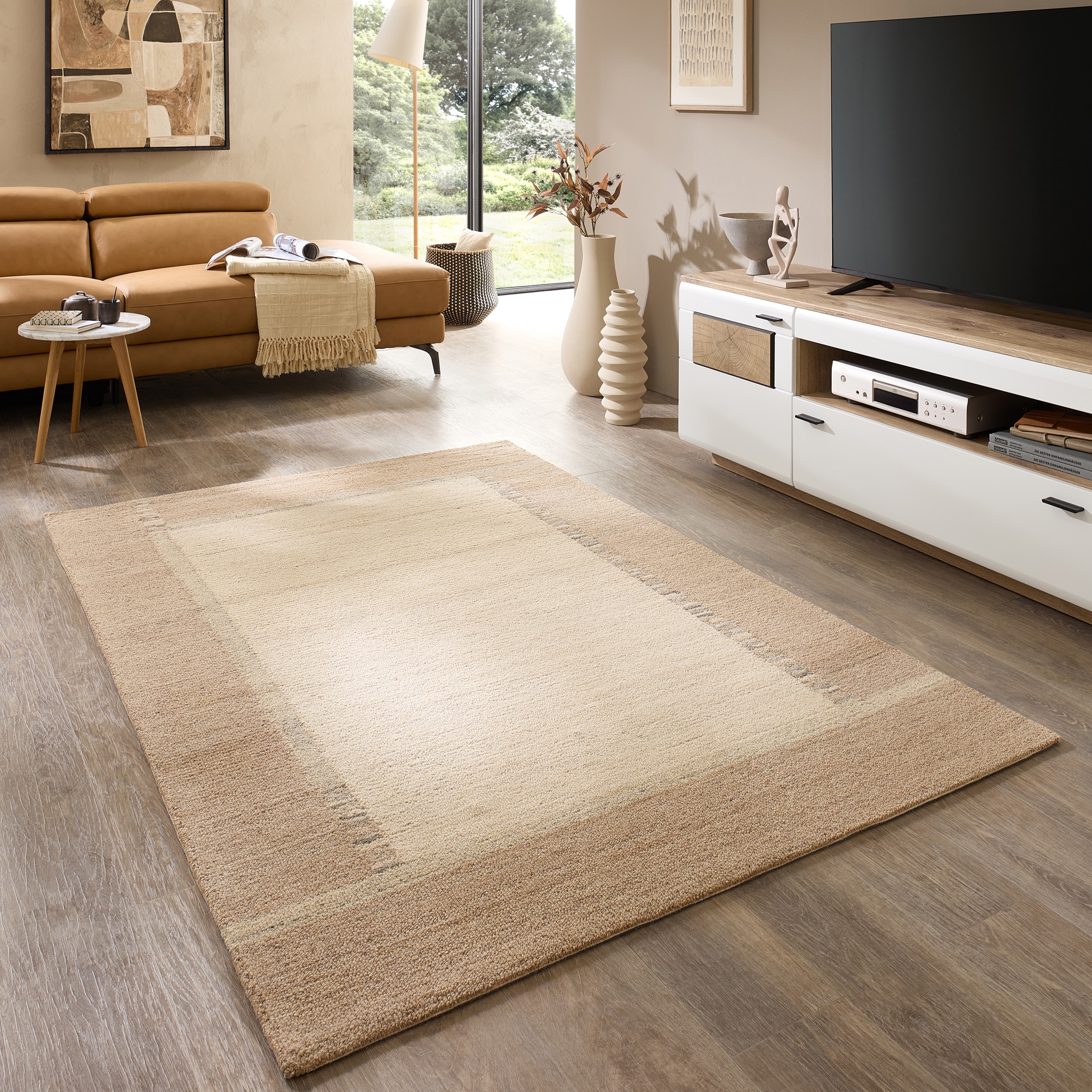 THEKO »Origin Loop 5« Rectangulaire 10 mm Höhe fait main au tuft, pure laine vierge, uni, avec bordure