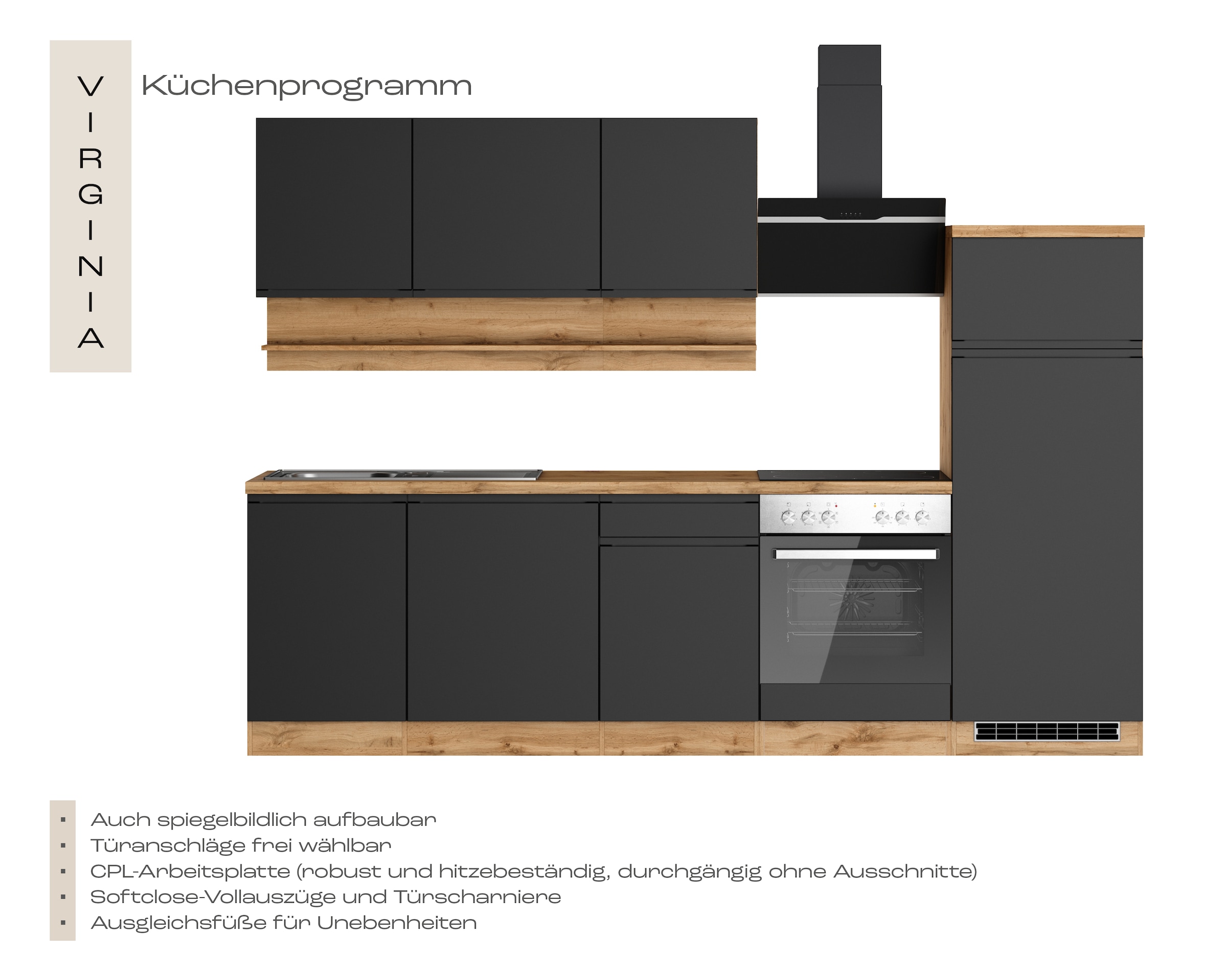 KOCHSTATION Kitchenette »KS-Virginia,neu in verbesserter Ausführung« plan de travail épaisseur 38 mm, rangement, fermeture douce,  Largeur 280 cm, fermeture douce, avec ou sans appareils électriques