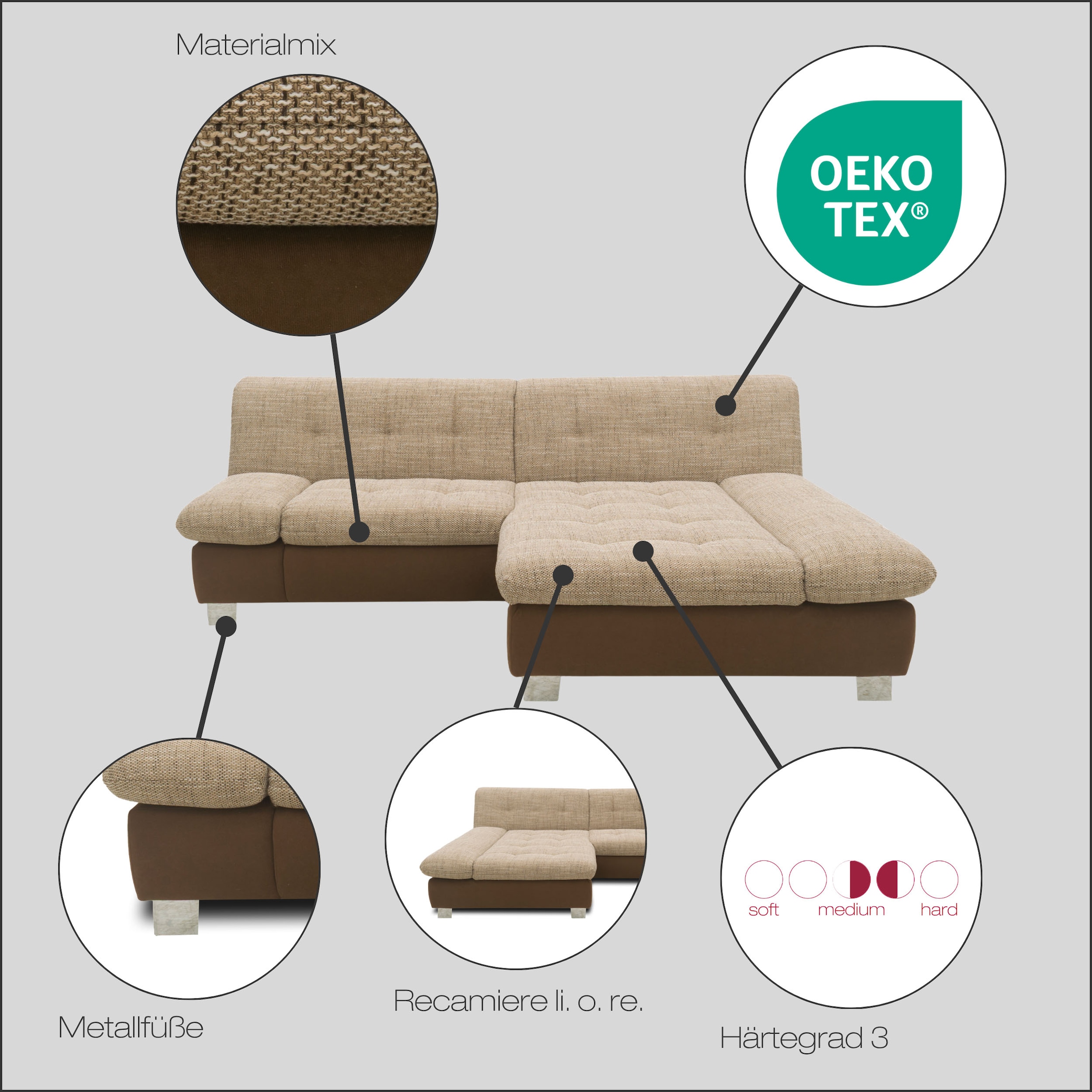 DOMO collection Ecksofa »100031 kompakte Stellmasse, komfortabel und bequem, L-Form« wahlweise mit Bettfunktion und Armteilverstellung. Breite 234 cm