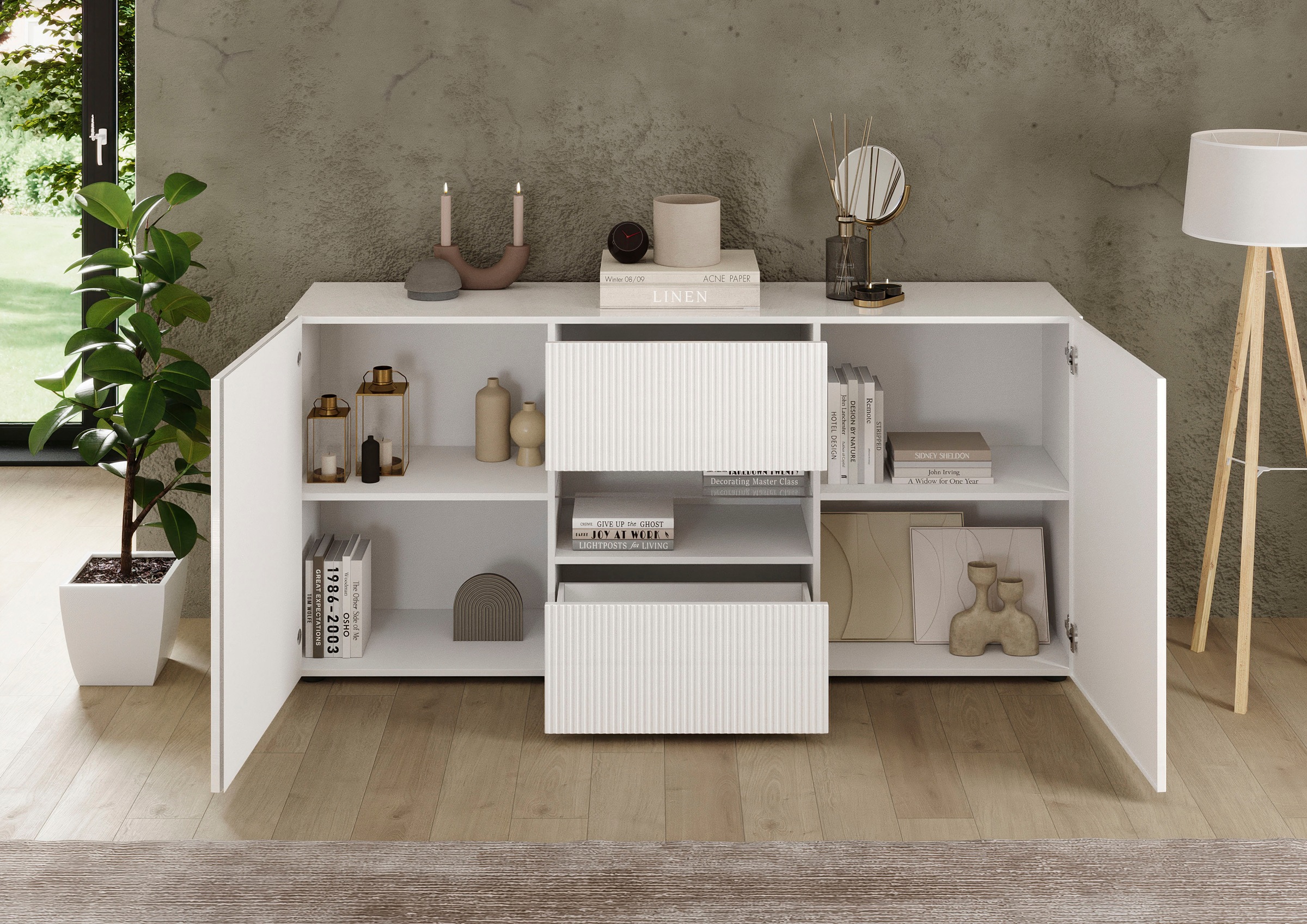 Home affaire Sideboard »Rio Breite 181 cm, Kommode mit 2 Türen u. 2 Schubkästen,« geriffelte MDF-Fronten, modern u. elegant, viel Stauraum