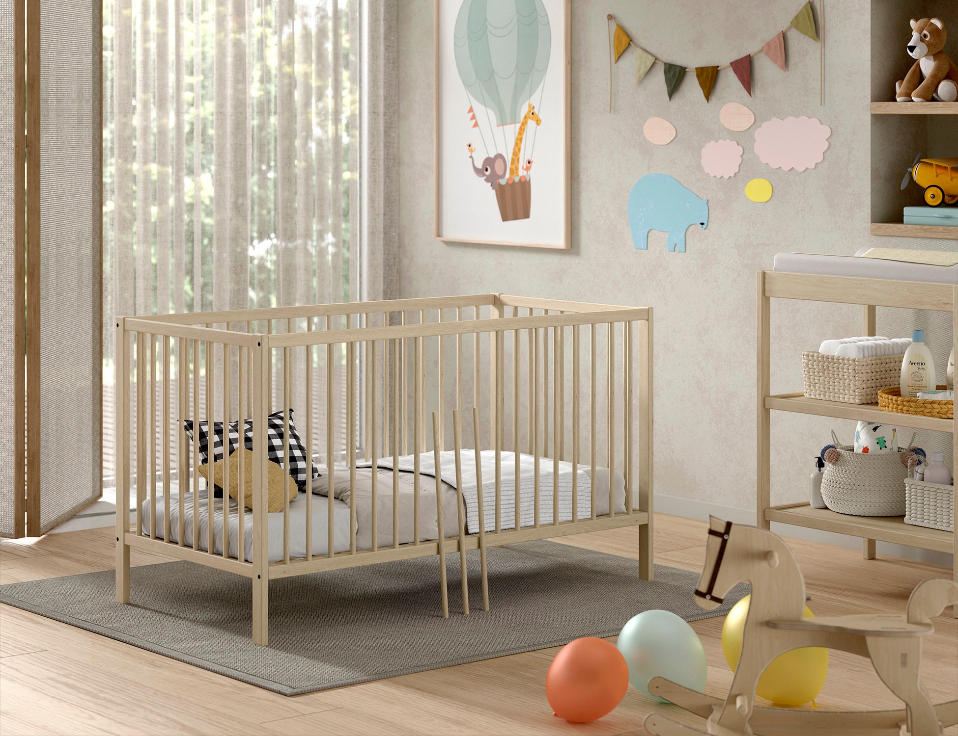 Vipack Lit bébé »Dino 70/140 mit 3-fach verstellb. Lattenrost, inkl. 3 Schlupfsprossen« en hêtre massif, convertible en lit junior, au choix en 3 couleurs