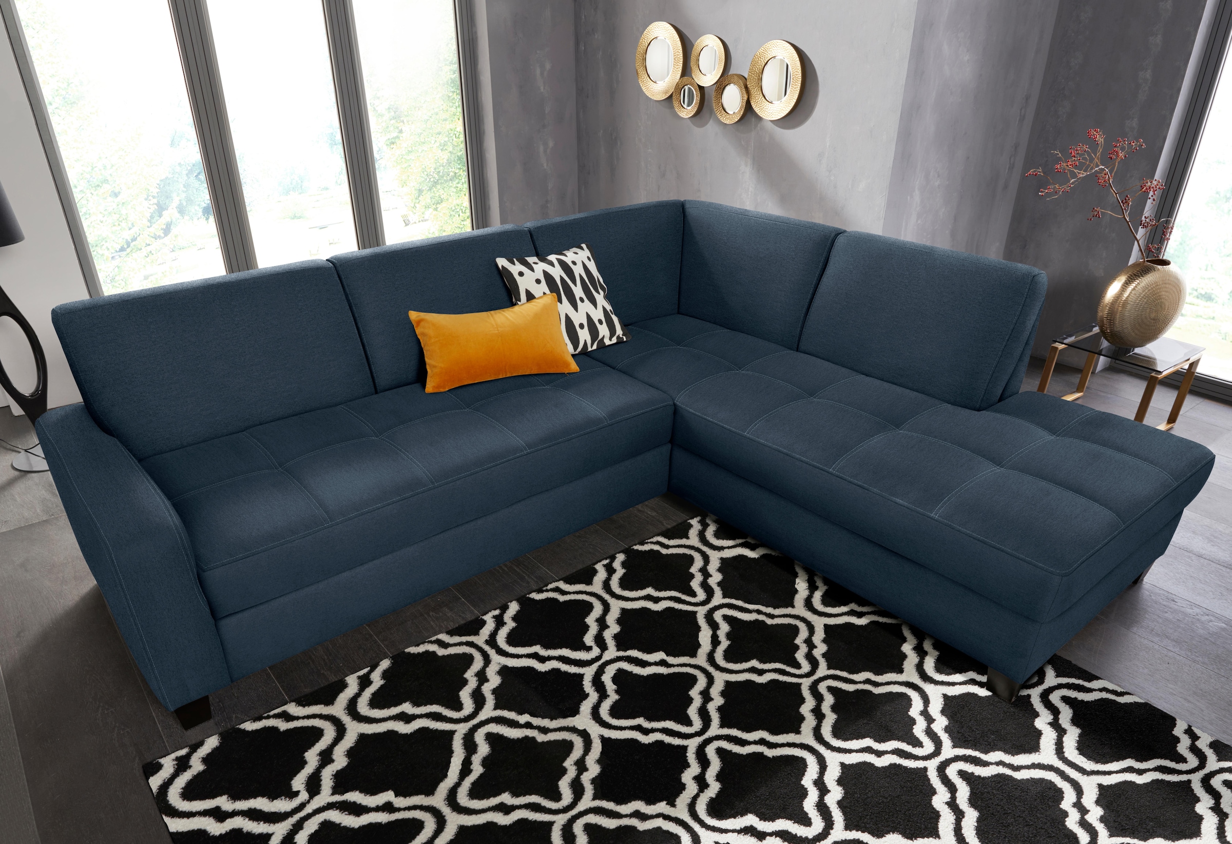 DOMO collection Canapé d'angle »Florentina zeitlos und elegant, Sitznähte als Designelement, L-Form« wahlweise mit Bettfunktion, mit Kontrastnaht, Komfortsitzhöhe 47cm