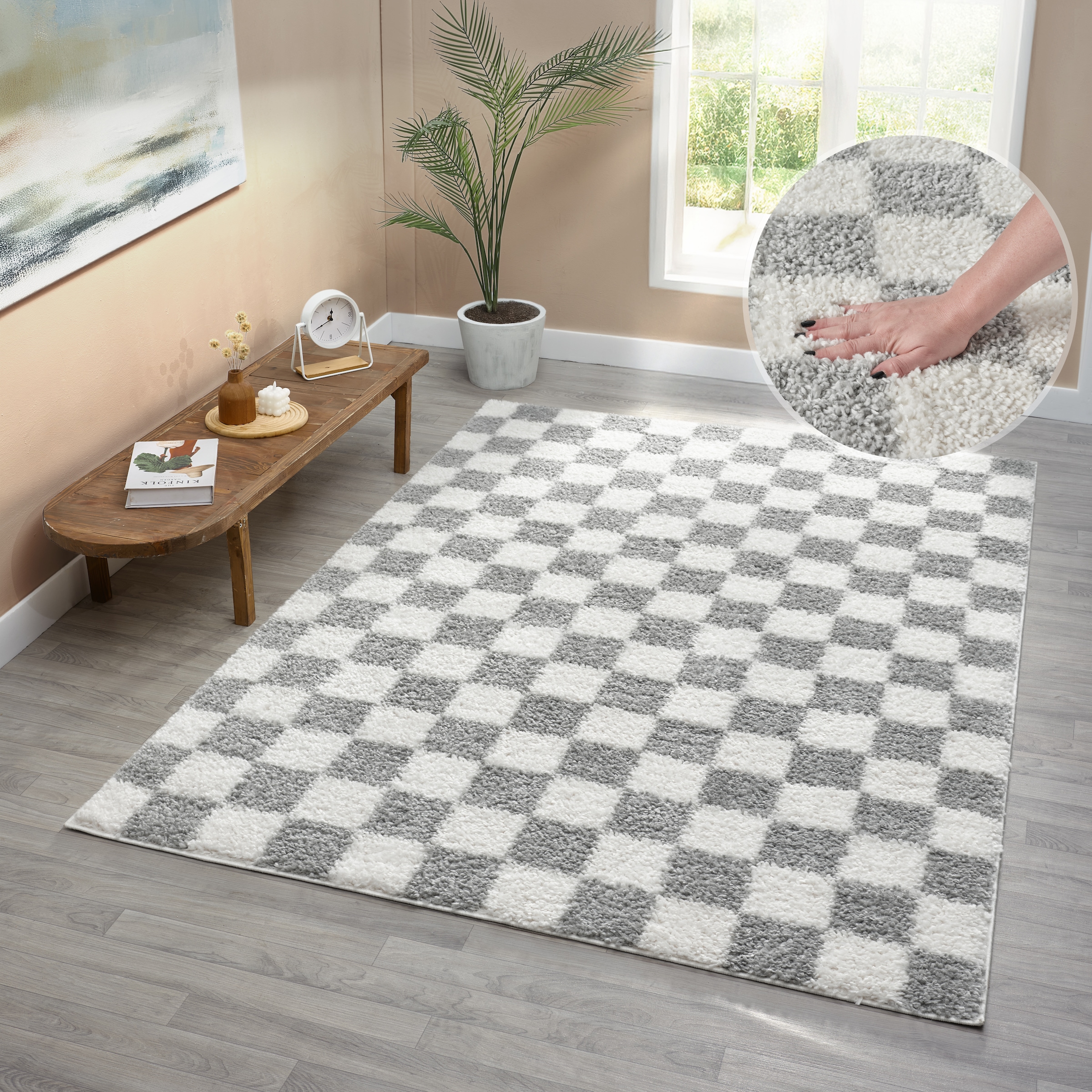 GOODproduct Hochflor-Teppich »Kiiki, Karo-Muster« rechteckig 30 mm Höhe Kariert, auffälliges Schachbrettmuster, Wohnzimmer, Schlafzimmer