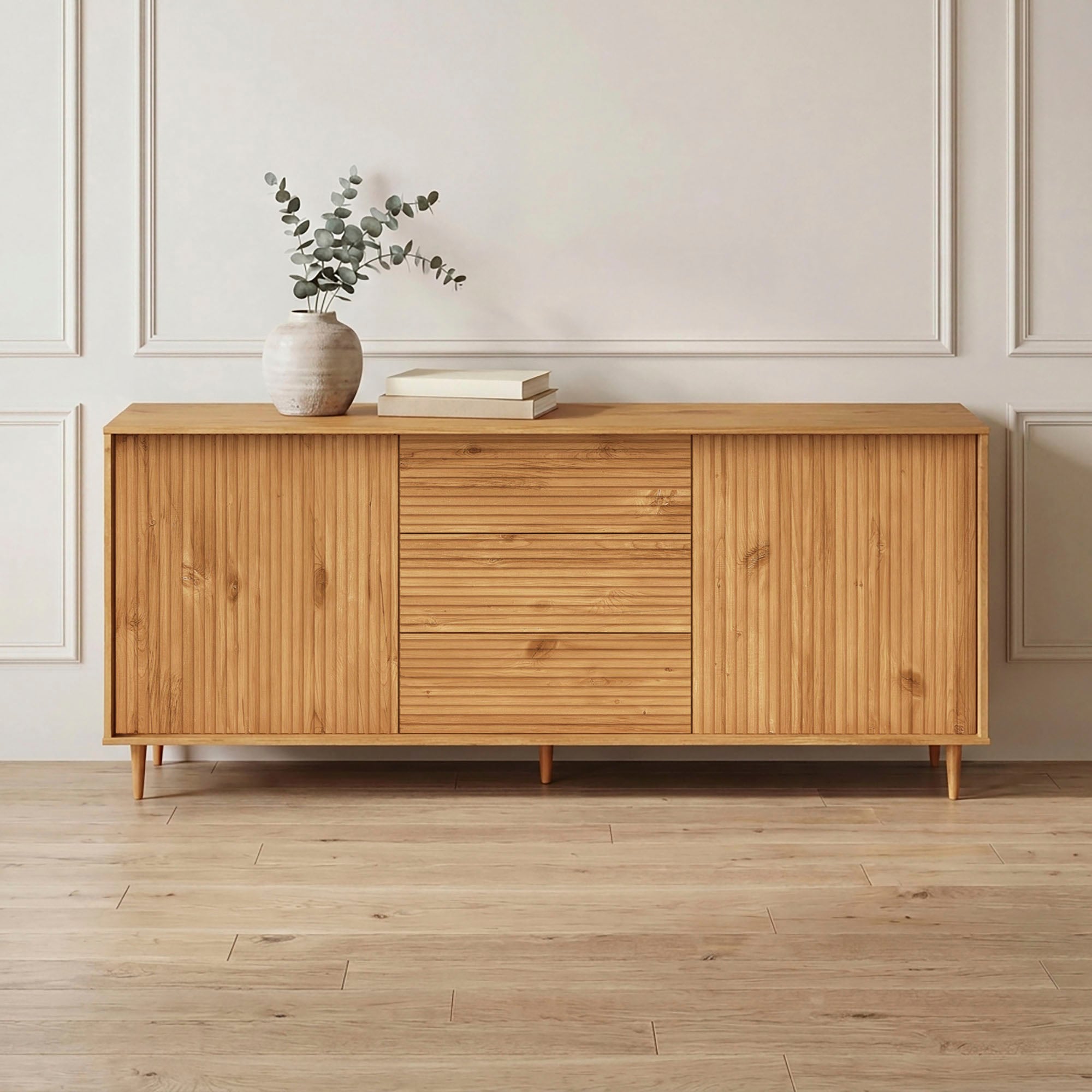 GOODproduct Sideboard »Malmedy  Front mit gefrästen Rillen« Kommode aus massivem Kiefernholz, Push-to-open, Breite 160 cm