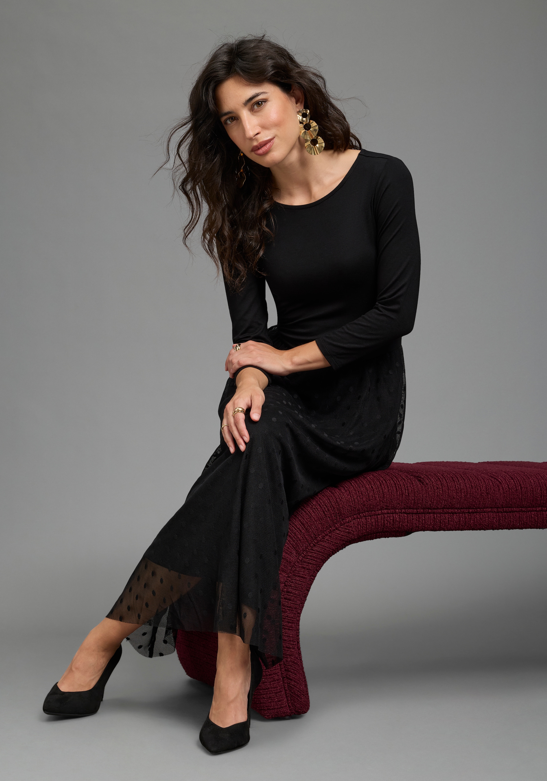 Laura Scott Robe de soirée »in Midilänge mit Meshrock in Punkte-Design« coupe ajustée, mélange de matériaux, tissu de chemise combiné avec du mesh