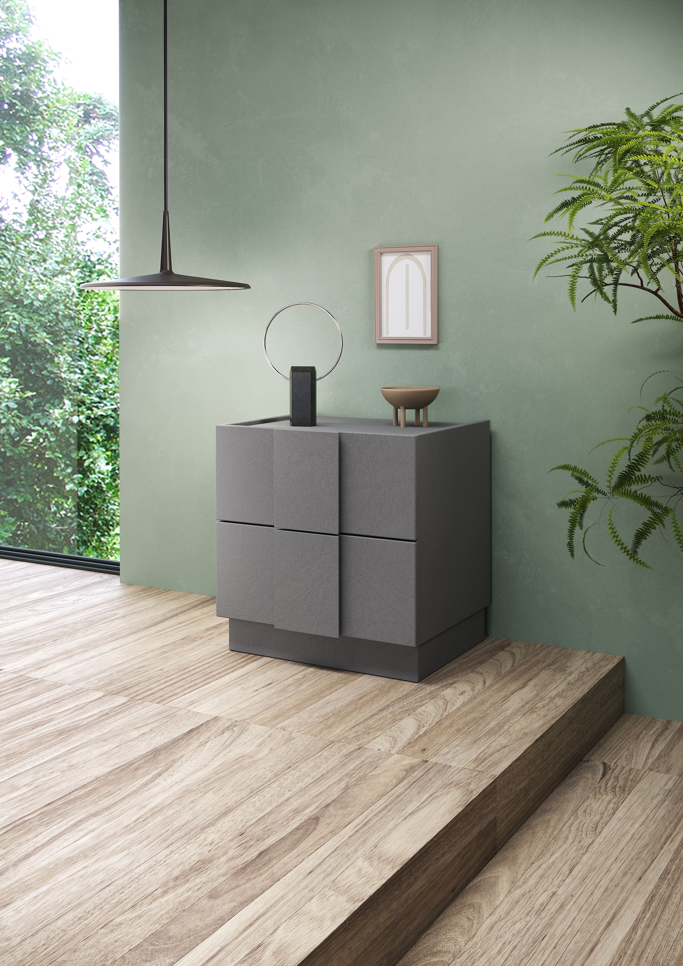 INOSIGN Nachtschrank »Jupiter, Nachtkommode (1-St), Nachttisch, Nachtkonsole, 2 Schubladen« 1 Stk. tlg. B/T/H 50/42/52 cm, moderne Griffblende, trendiges Steingrau, kompakt