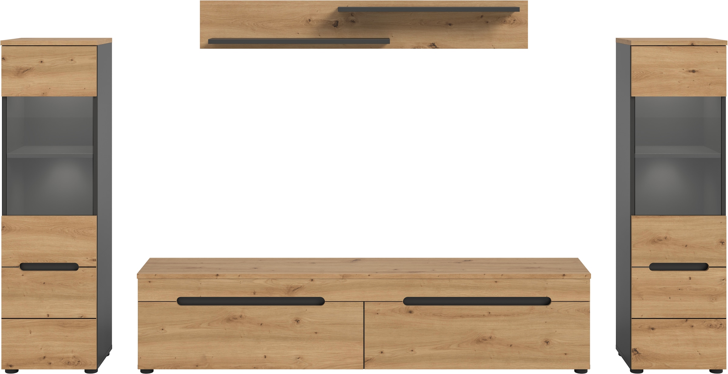 Home affaire Wohnwand »REHAT, TOPSELLER!, 4-teilig, inkl. Beleuchtung, stehend oder hängend« Set bestehend aus: 2x Vitrine inkl. Beleuchtung, Lowboard & Wandboard, 4 Stk. tlg.