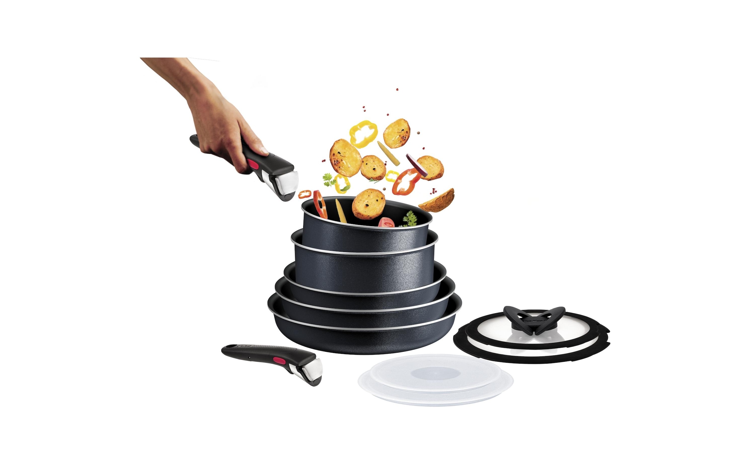 Tefal Topf-Set »Ingenio So'Light, Topf und Pfannenset abnehmbarer Griff, stapelbar« Set, 3x Pfannen 22/24/28cm, 2x Kasserollen 18/20cm, 4x Deckel, 2x Griffe, 11 tlg. Aluminium