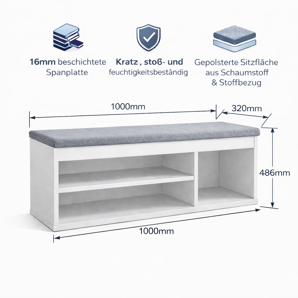 GOODproduct Schuhbank »Schuchschrank 100,  Schuhregal, Schuhtruhe, Schuhkommode, Sitzbank« Inkl. bequemem Sitzkissen mit Stauraum darunter