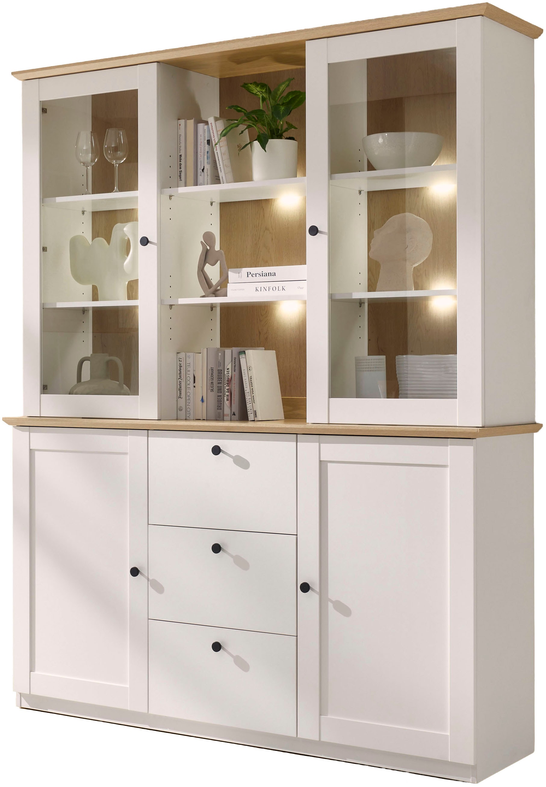 GOODproduct Buffet »Brest, Hochschrank im Landhausstil, Schrank, Küchenschrank« schwarze Metallgriffe, viel Stauraum, Glastüren, 164 cm breit