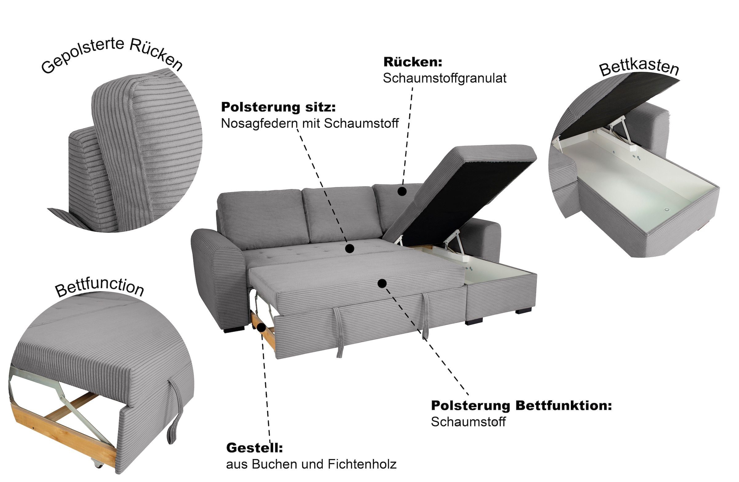 Trends by HG Canapé d'angle »Poll L-Form, B: 245 cm« mit Bettfunktion & Bettkasten