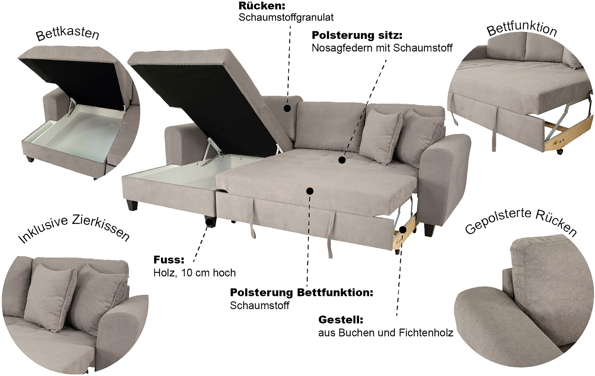 Trends by HG Canapé d'angle »Moritz L-Form, B: 265 cm« mit Bettfunktion, Bettkasten & Zierkissen