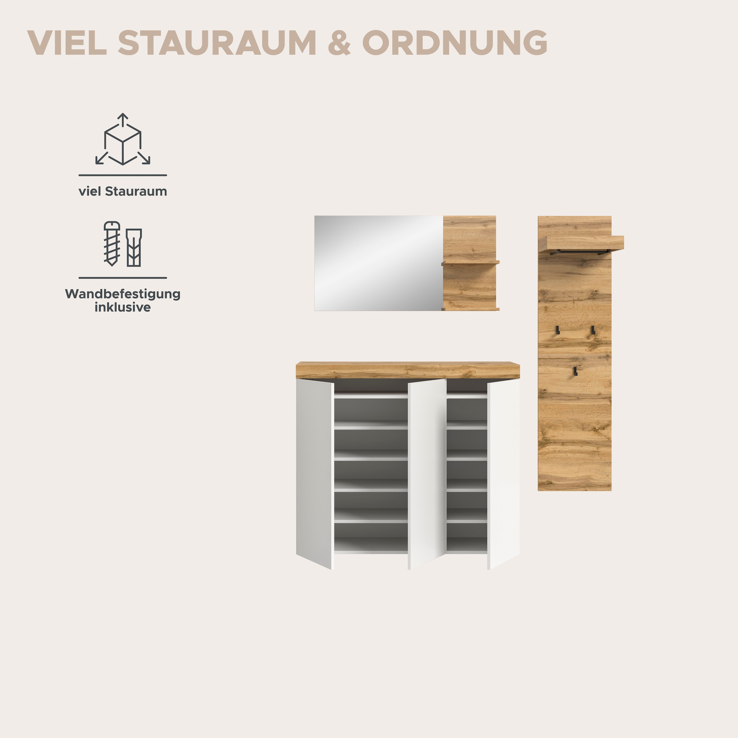 GOODproduct Garderoben-Set »MAMBO, 3-teilige Kombination, stehend & hängend montierbar« bestehend aus: Kommode, Spiegel, Garderobenpaneel, 3 Stk. tlg.
