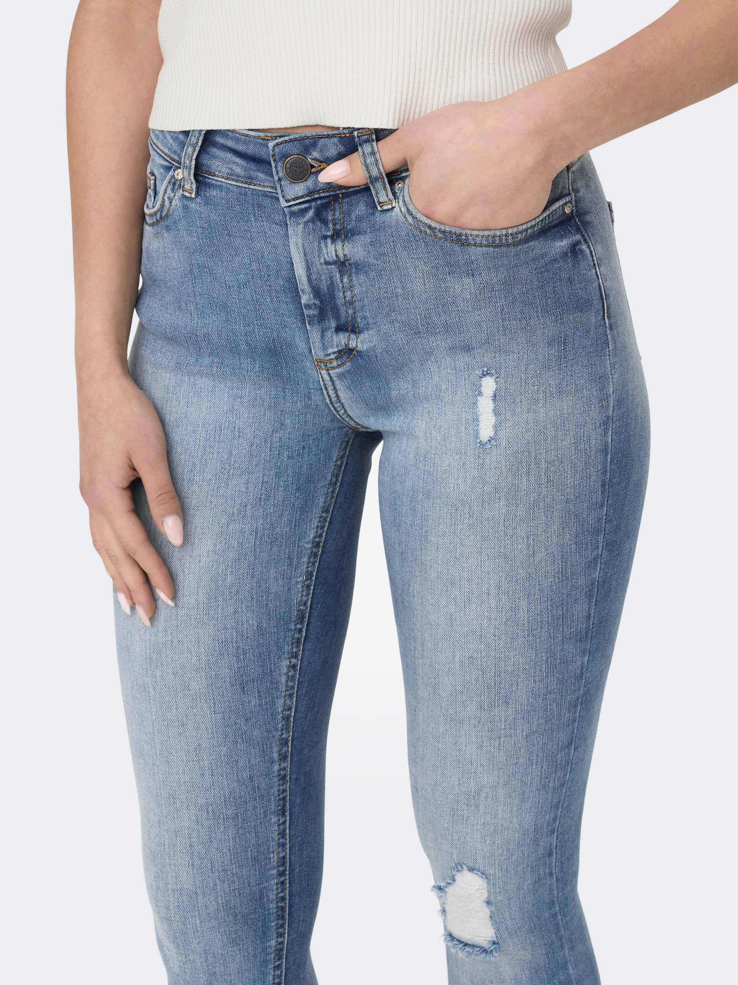 ONLY Jeans cheville »ONLBLUSH – Ankle-Jeans mit Destroyed Look für trendige Outfits«, Abriebeffekte, modisch, skinny fit, Rundhals, regular fit
