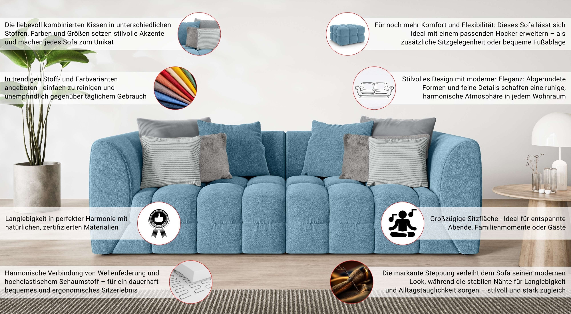 s.Oliver Big-Sofa »COBBO 3-Sitzer Design-Sofa Bubble-Optik, Masse B/T/H: 259/126/104 cm« mit vielen Kissen, moderne Steppung und hoher Sitzkomfort