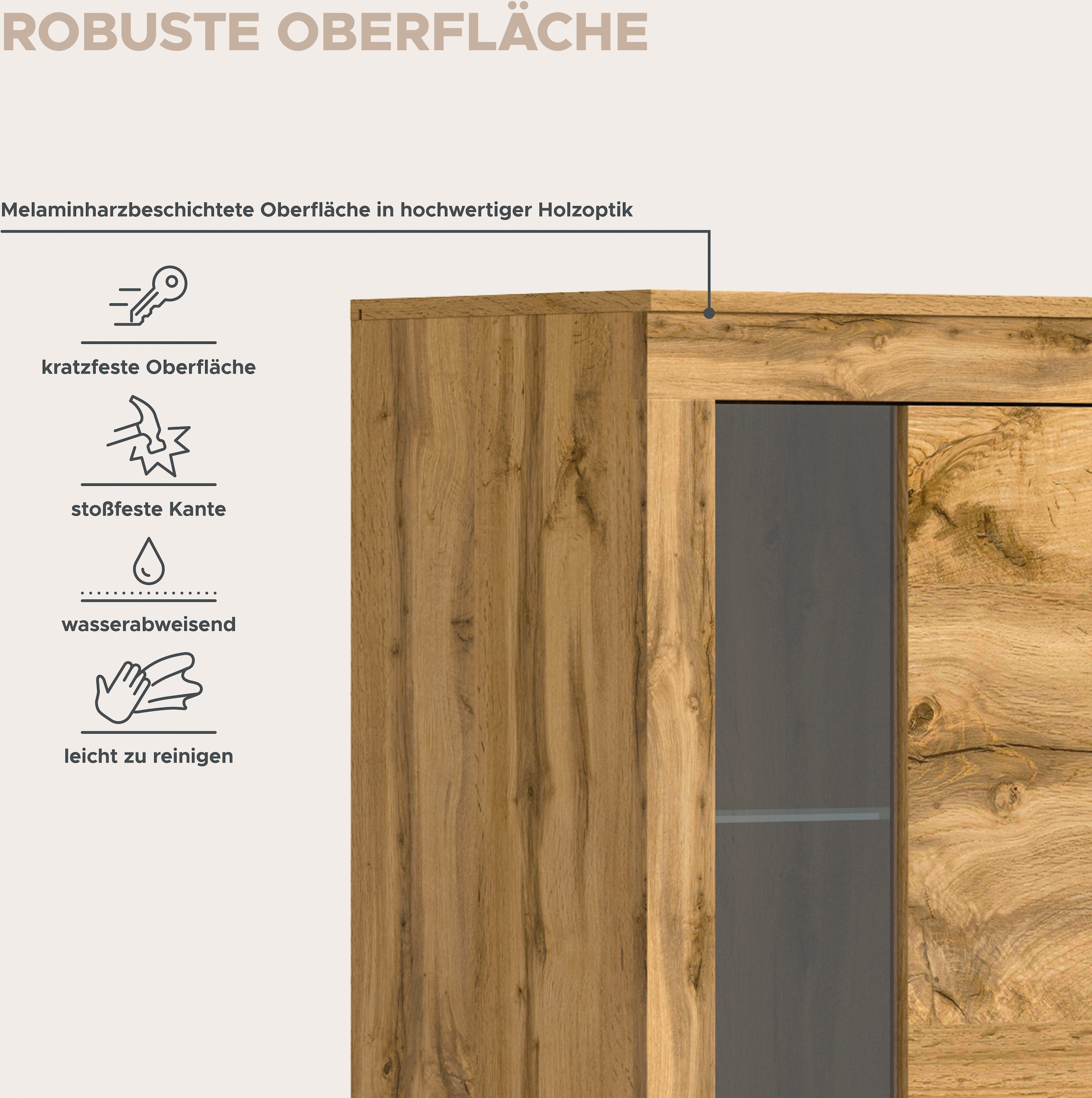Home affaire Meuble mural »AOSTA, Breite 310cm, 4-teilige Wohn-Kombination« bestehend aus: 2x Vitrine, Lowboard, Wandboard, 