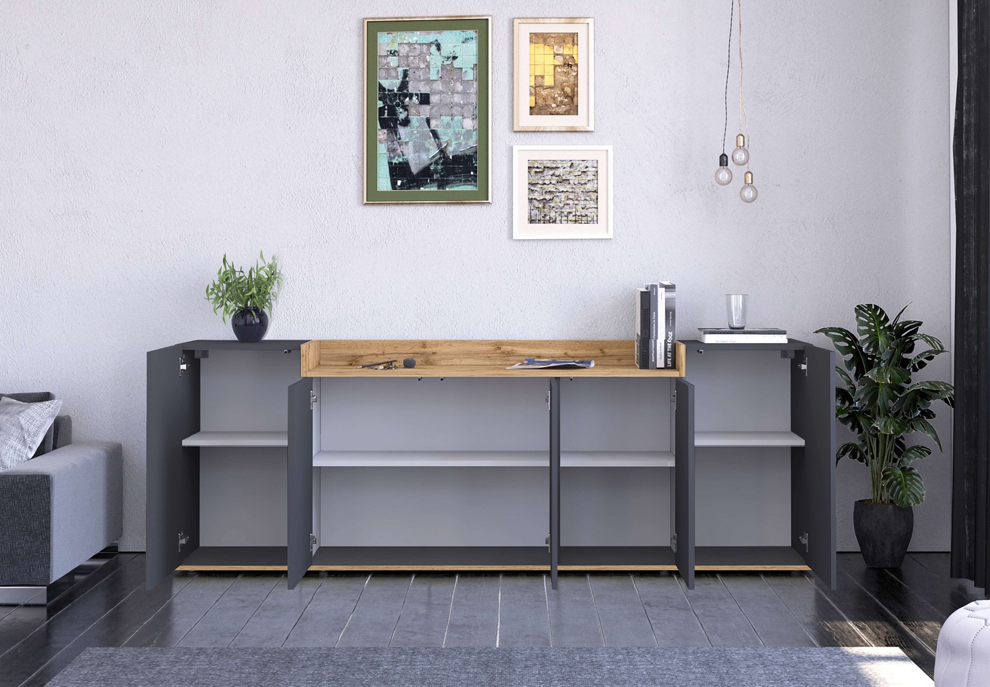 GOODproduct Sideboard »BOLSENA, Kommode, Schrank,Lowboard mit 8 Fächer und offenes Ablagefach« 1 Stk. tlg. stehend/hängend montierbar, Made in Italy, B/T/H: 200 × 35 × 71,2 cm