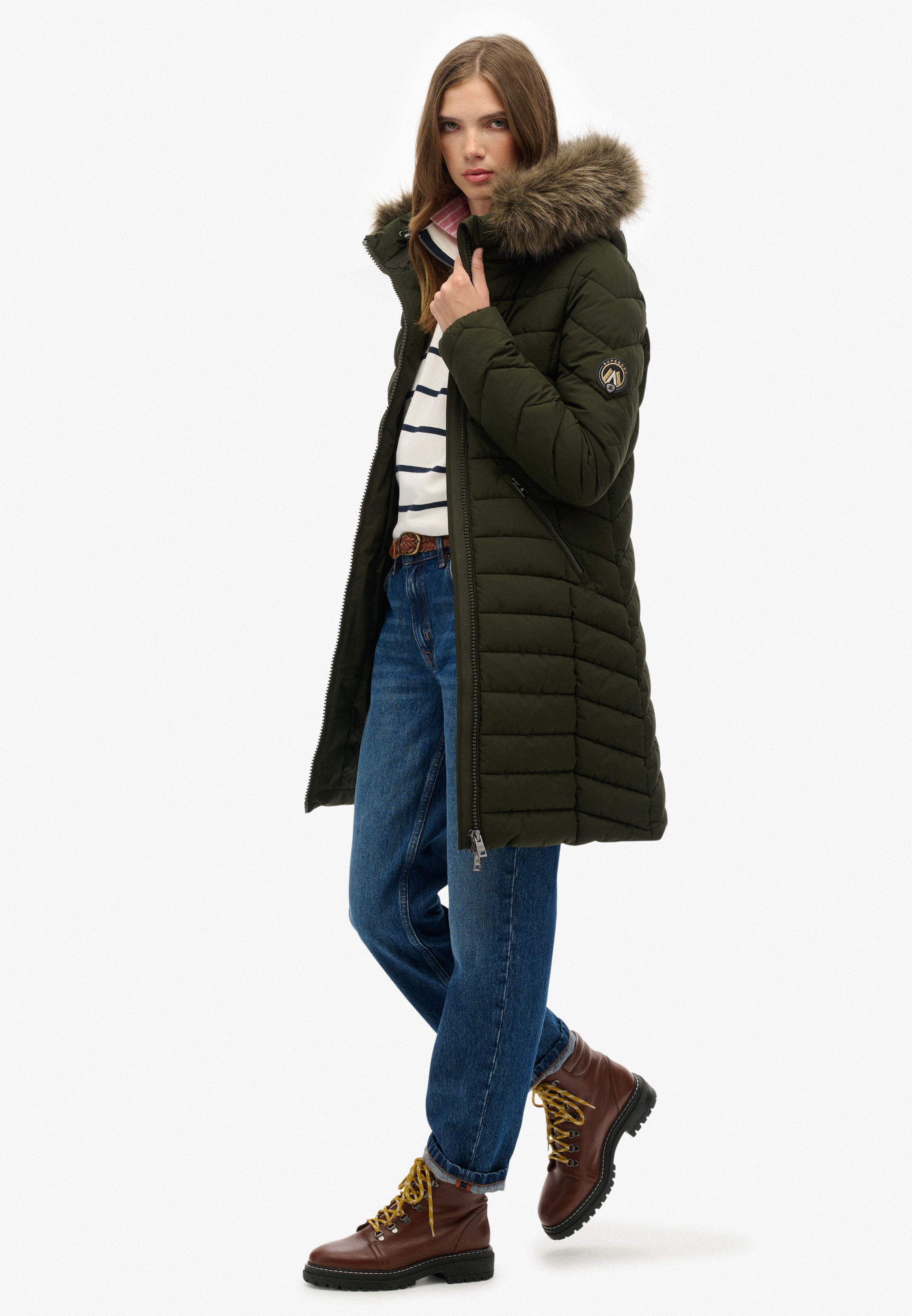 Superdry Steppjacke »FUJI FAUX FUR HOOD MID LENGTH« mit Kapuze