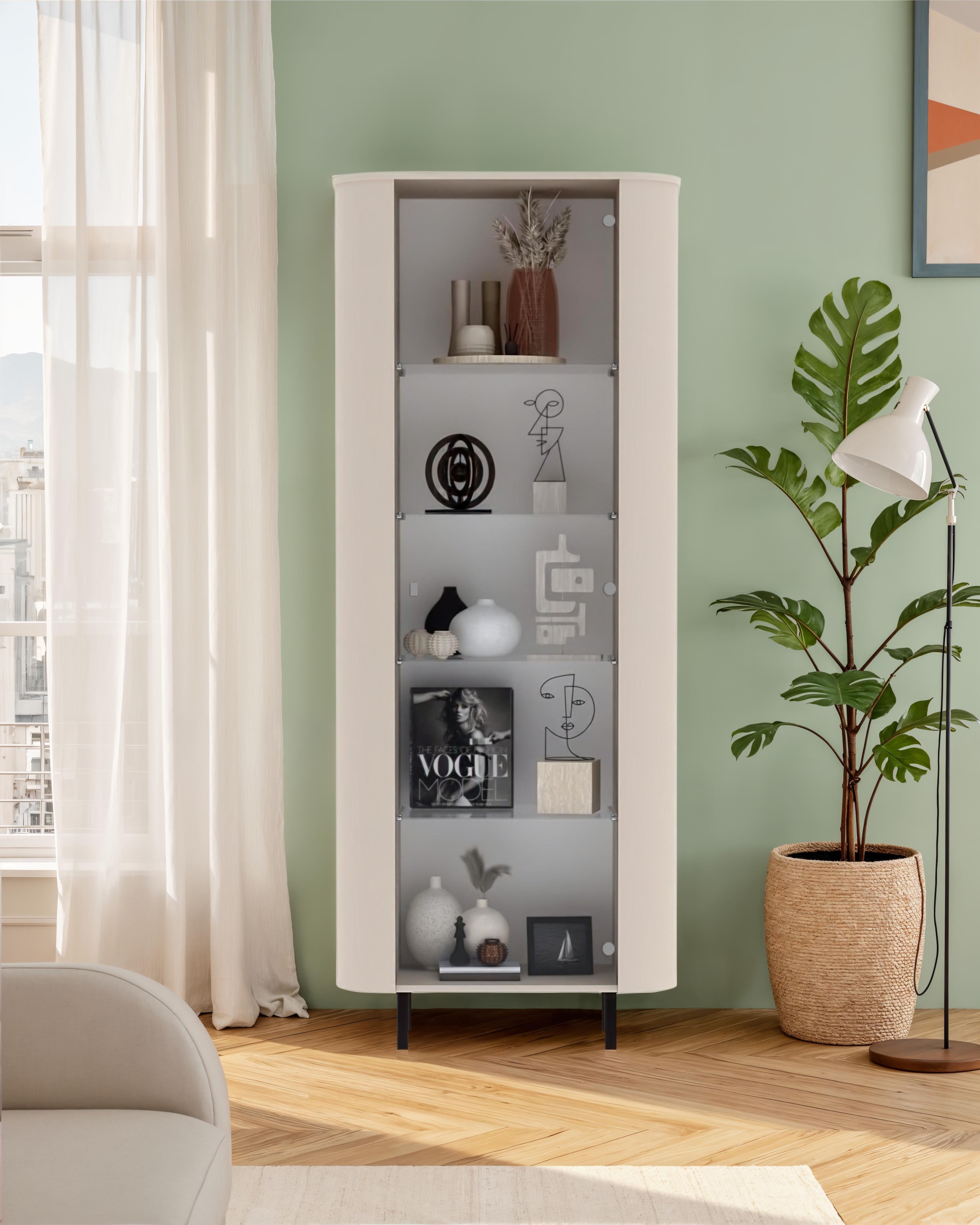 GOODproduct Vitrine »Lido, Standvitrine 200 cm hoch, 1 Tür, Glasvitrine, Vitrinenschrank« Gebogenes MDF, Stirnseiten mit Rundung, Metallfüsse, dekorativ & edel