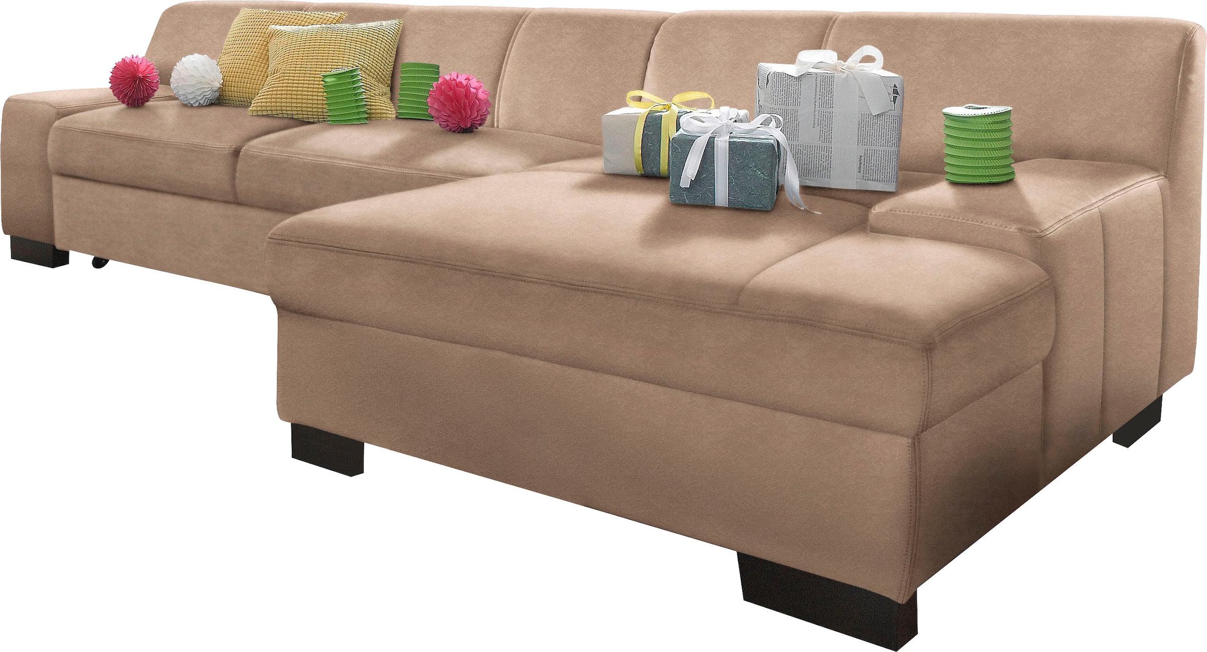 DOMO collection Canapé d'angle »Norma, elegant & modern, mit flachen Armlehnen, Breite 268cm, L-Form« option avec fonction lit