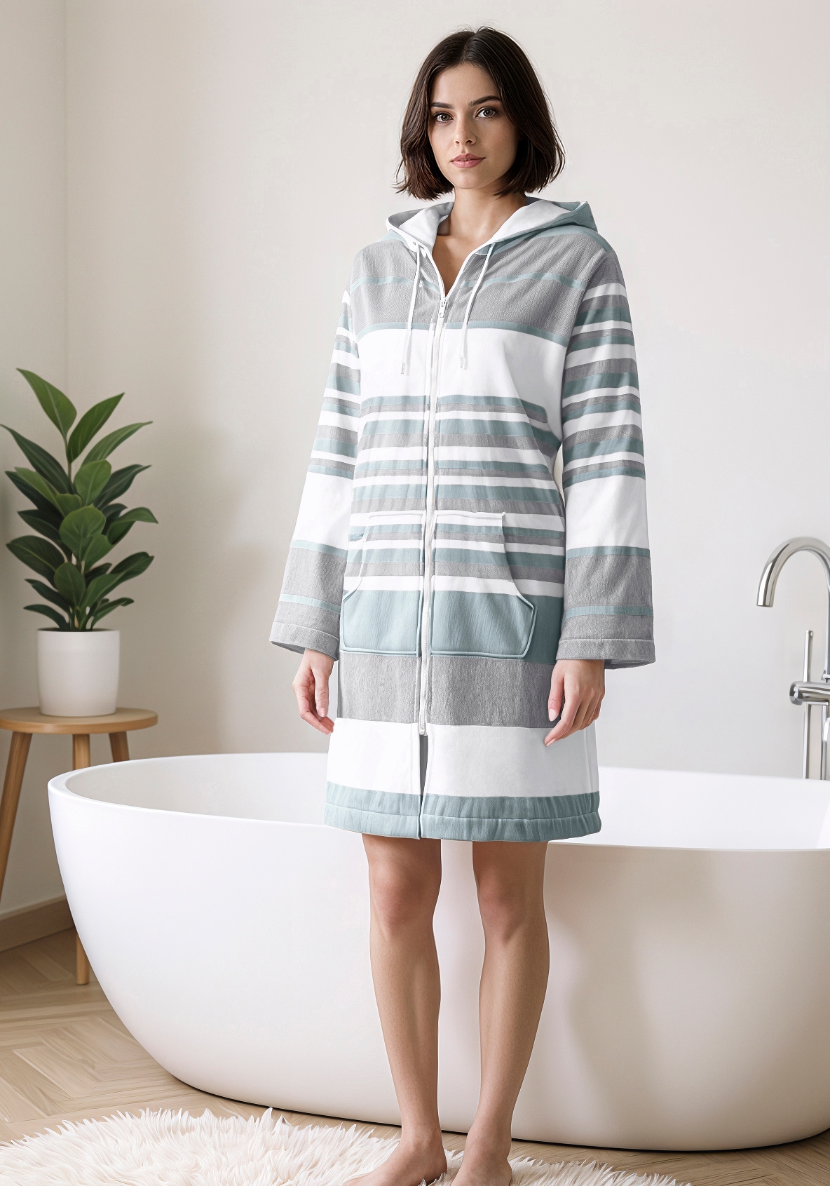 my home Bademantel »Melli, ideal für Sauna & Spa, Hotelbademantel, Morgenmantel« 1 Stk. tlg., Damenbademantel, Baumwolle, Polyester, gestreift