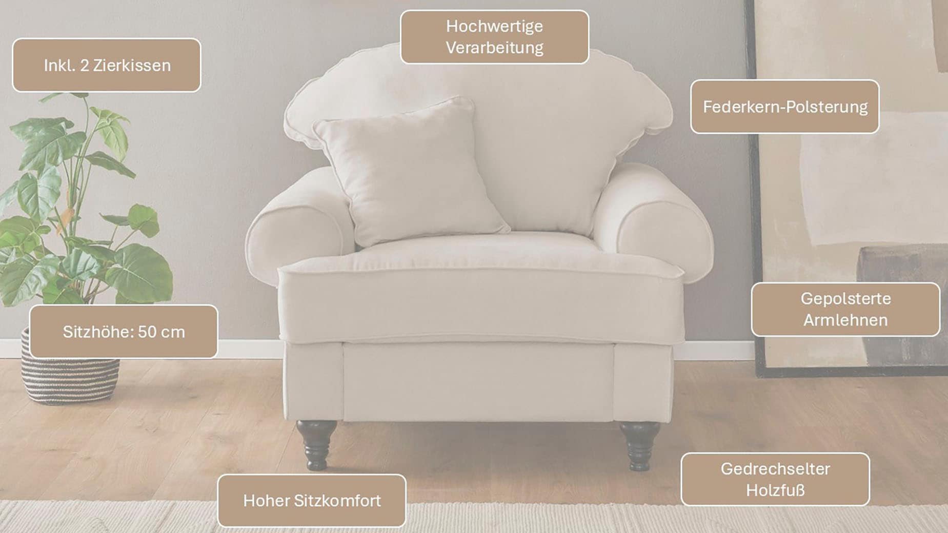 GOODproduct Sessel »Westminster mit hochwertigem Microfaserbezug, in 5 Farben verfügbar« Federkern-Polsterung, gedrechselter Fuss, inkl. Zierkissen