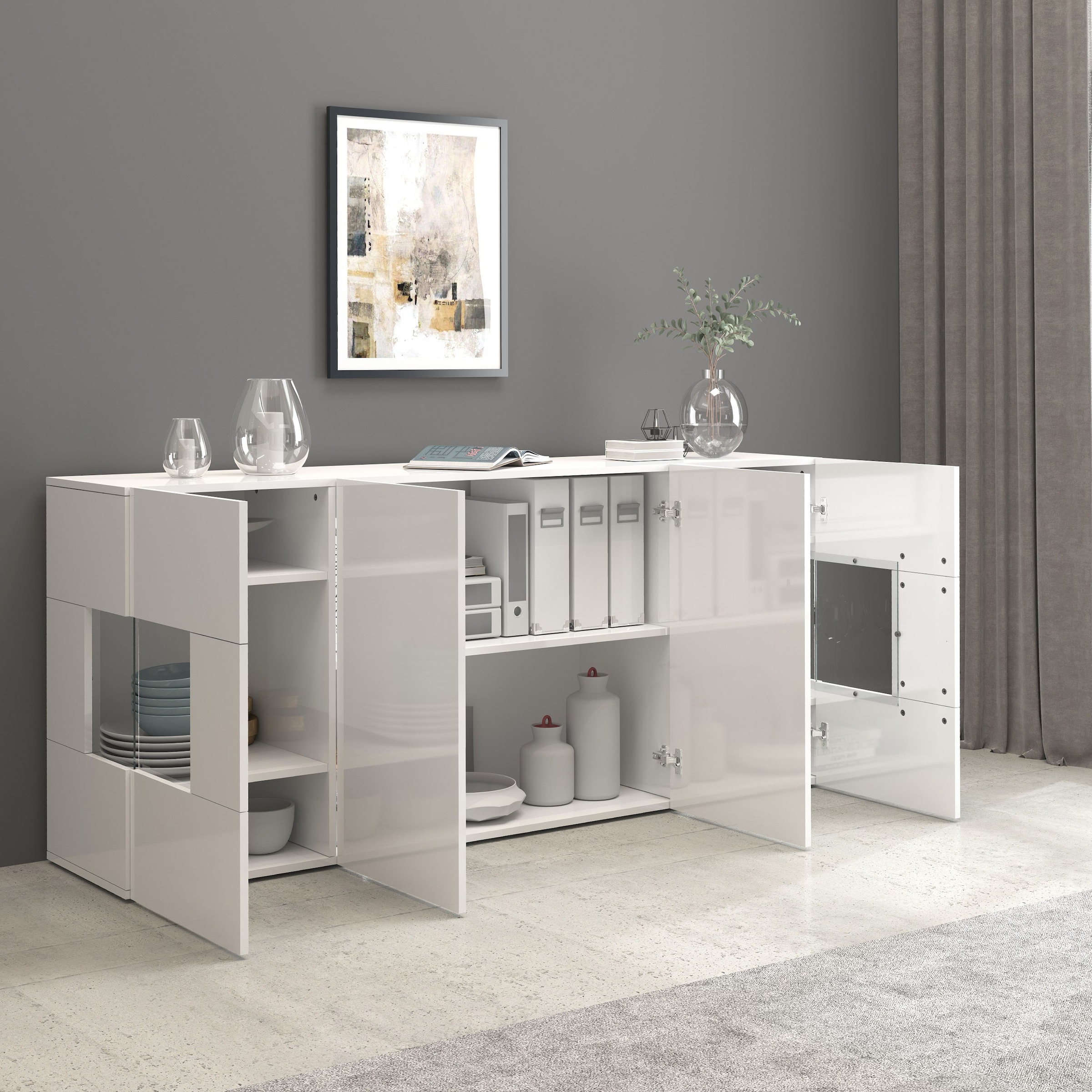 GOODproduct Sideboard »Egypt, Kommode, Schrank, Kredenz, Vitrine grifflos« 4 Türen davon 2 mit Glaseinsatz, kompl. Hochglanz lackiert, Breite 180