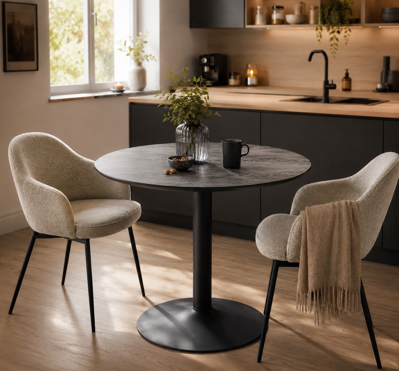 ACTONA GROUP Table de salle à manger »Ibiza, Runder Küchentisch - pflegeleicht, platzsparend & robust« Table, table tulipe, 1 cuis tlg. Table de café, table ronde Ø 80 cm, noire, avec pied trompette