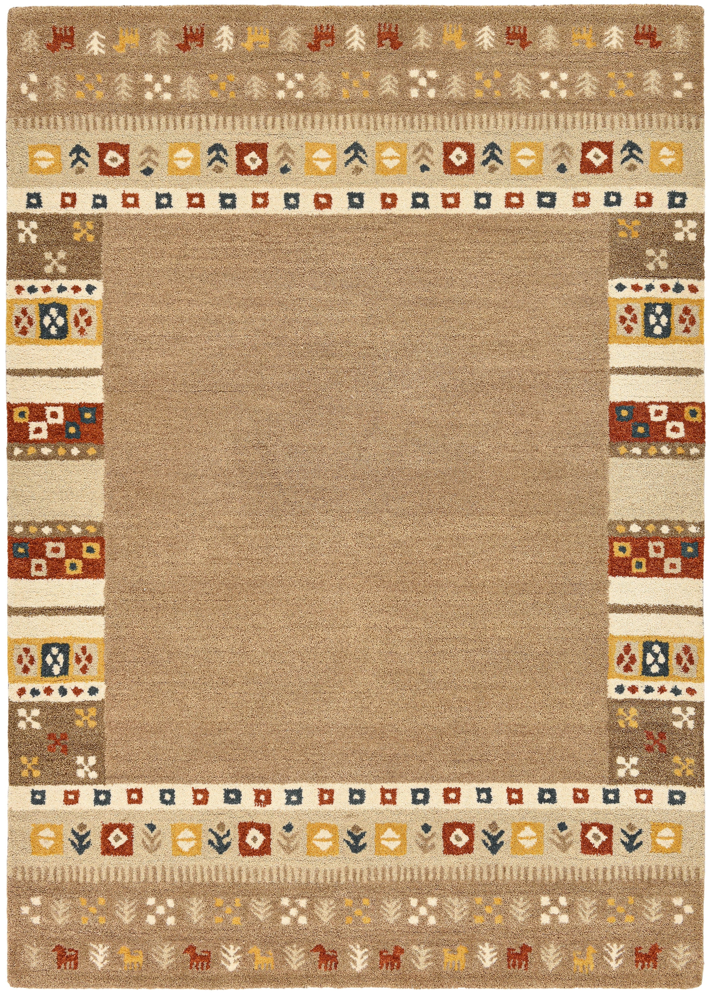 THEKO Tapis en laine »Gabbeh Rahmen, reine Wolle, Handgefertigt, mit Bordüre« Rectangulaire 14 mm Höhe Motif animalier, salon, chambre à coucher, salle à manger