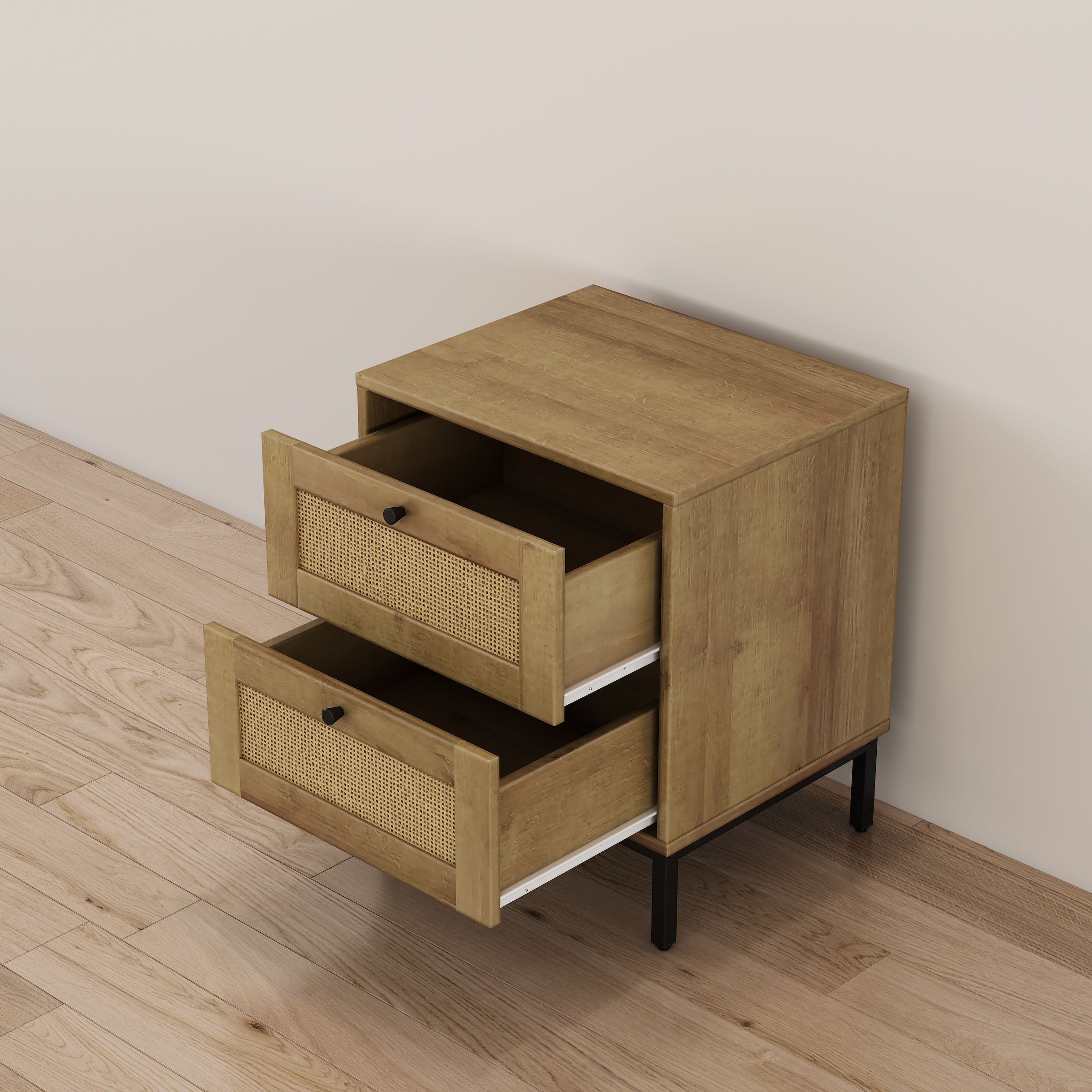 GOODproduct Nachtkommode »Motala Schlafzimmerschrank Garderobe Boho Eichen-Design« Set, 2 Schränke im Set - Eichen-Design mit schwarzen Griffen,  Nachttisch Set mit je 2 Schubladen mit wiener Geflecht optik